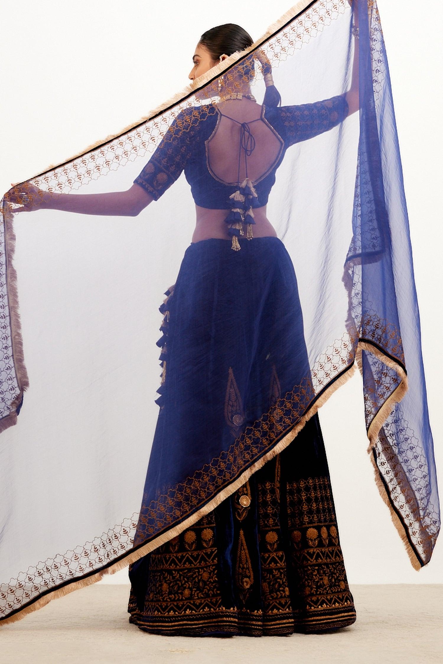 Blue Velvet And Organza Zari Plunge V Neck Embroidered Bridal Lehenga Set - Designer Kurta Set
