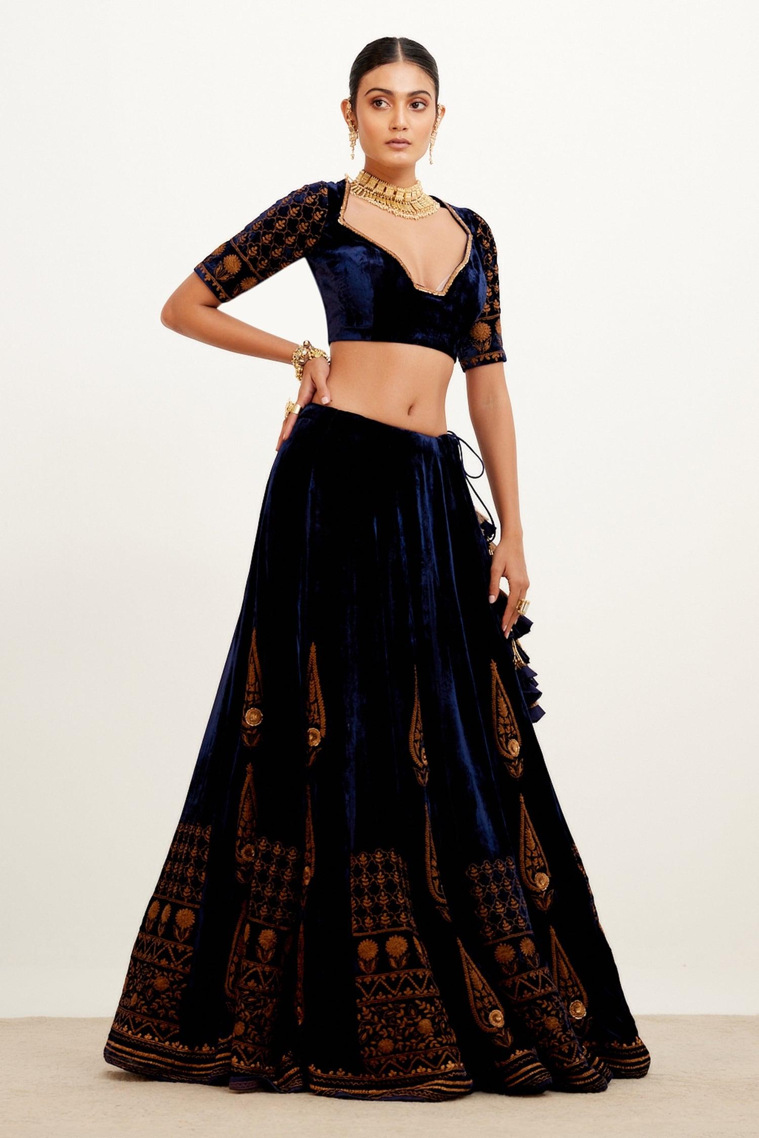 Blue Velvet And Organza Zari Plunge V Neck Embroidered Bridal Lehenga Set - Designer Kurta Set