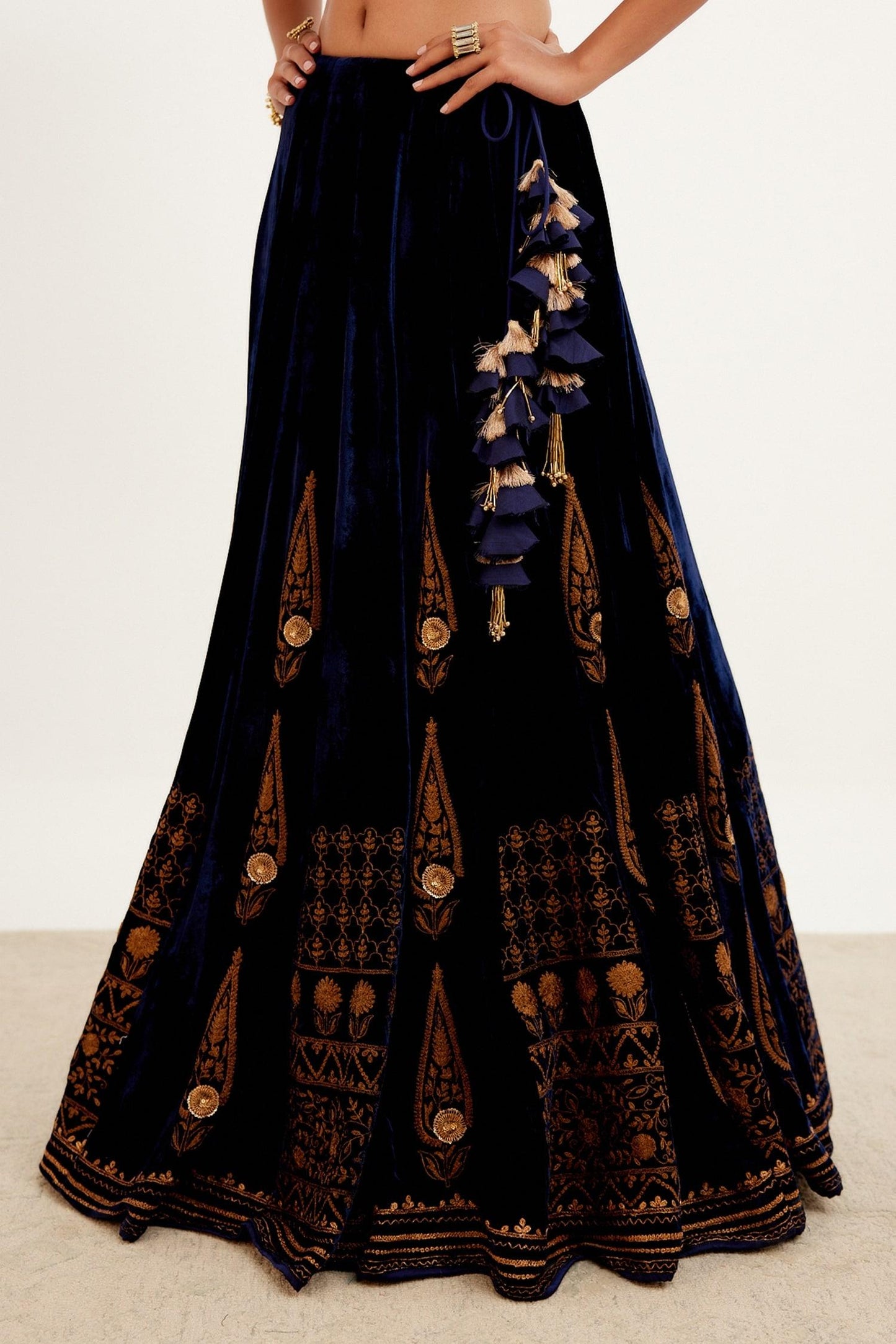Blue Velvet And Organza Zari Plunge V Neck Embroidered Bridal Lehenga Set - Designer Kurta Set