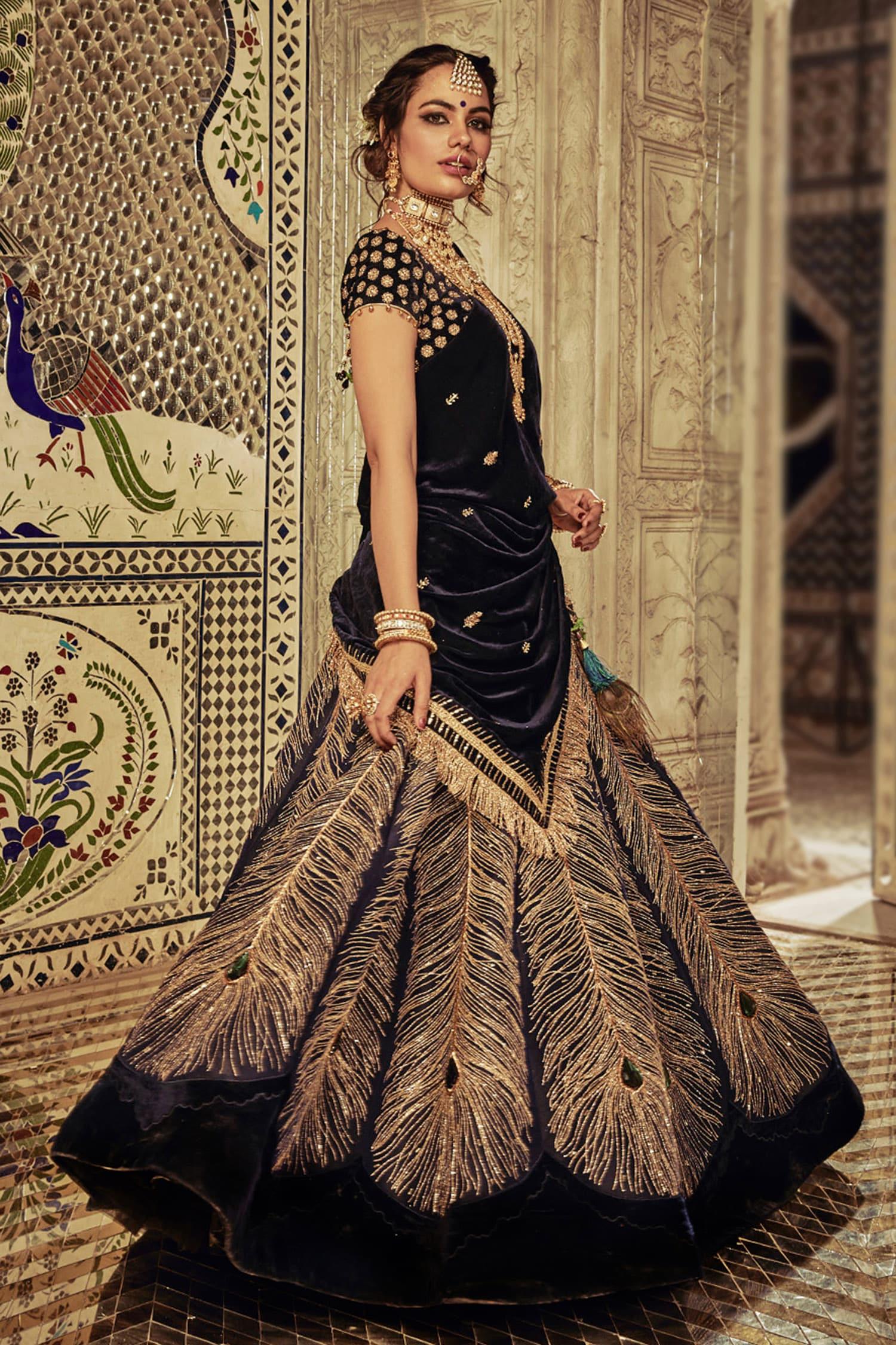 Blue Velvet Kasab Round Neckline Peacock Embroidered Bridal Lehenga Set - Designer Kurta Set