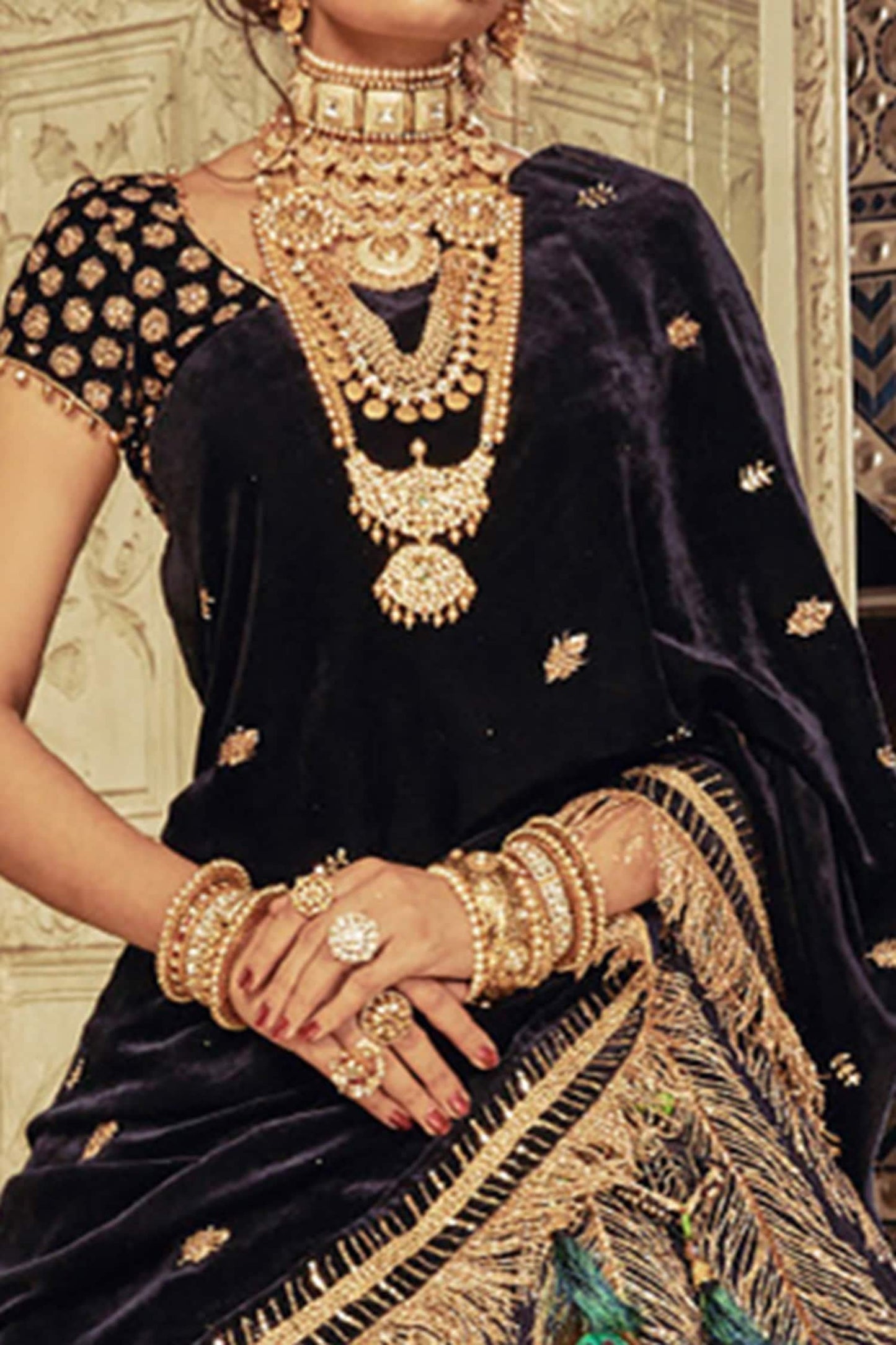 Blue Velvet Kasab Round Neckline Peacock Embroidered Bridal Lehenga Set - Designer Kurta Set