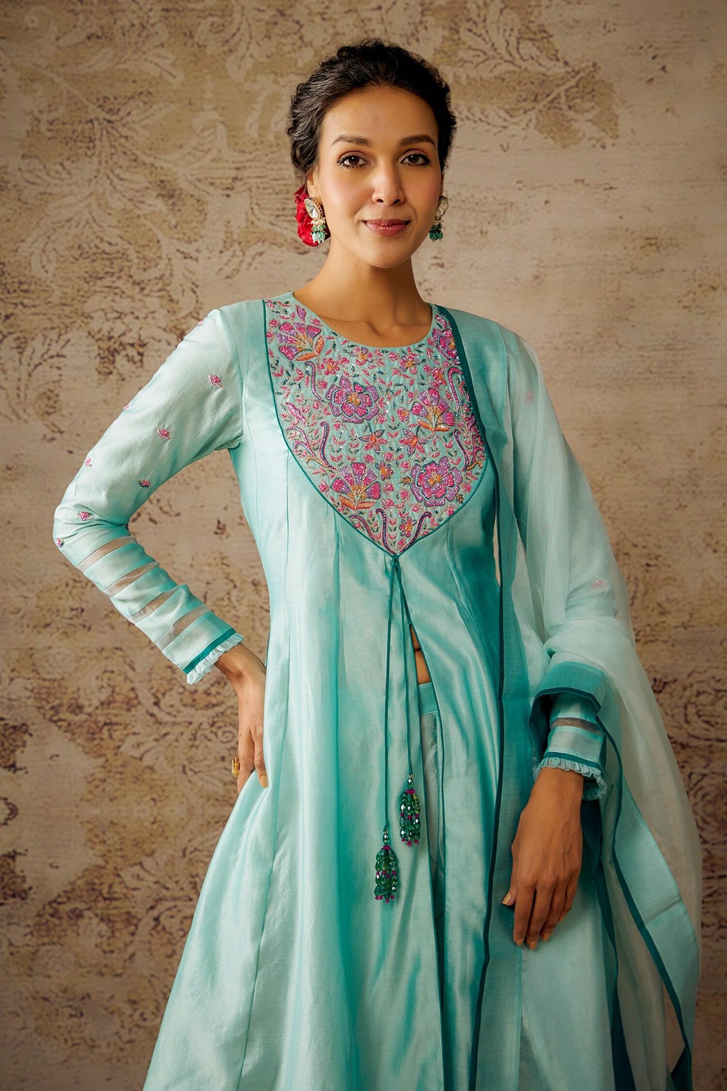 Blue Viscose, Chanderi Sequins, Beads Round Neck Yoke Embroidered Anarkali Set - Designer Kurta Set