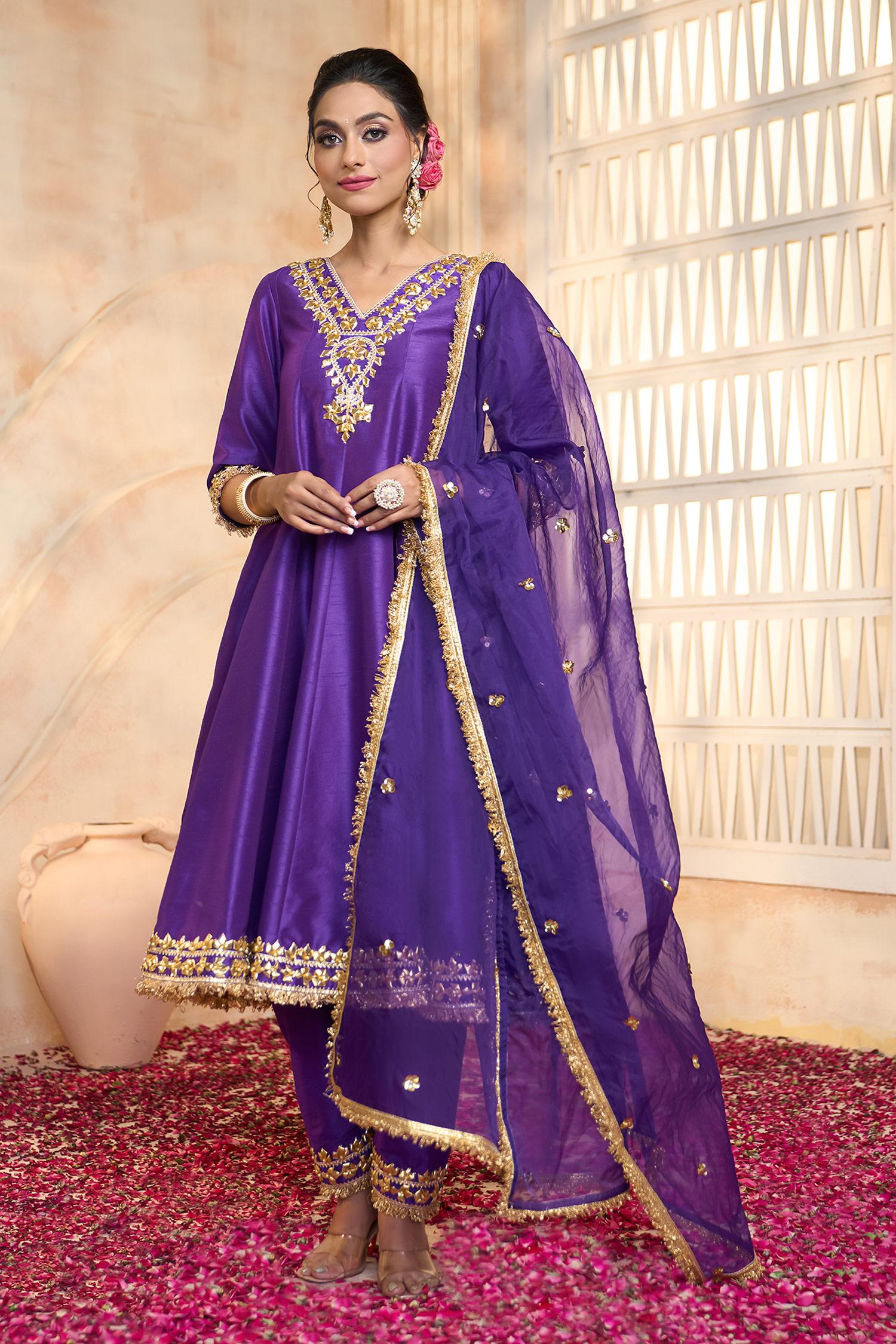 Blue Viscose, Cotton, Organza Embroidery, Lace, Gota Patti V-neck Anarkali Set - Designer Kurta Set