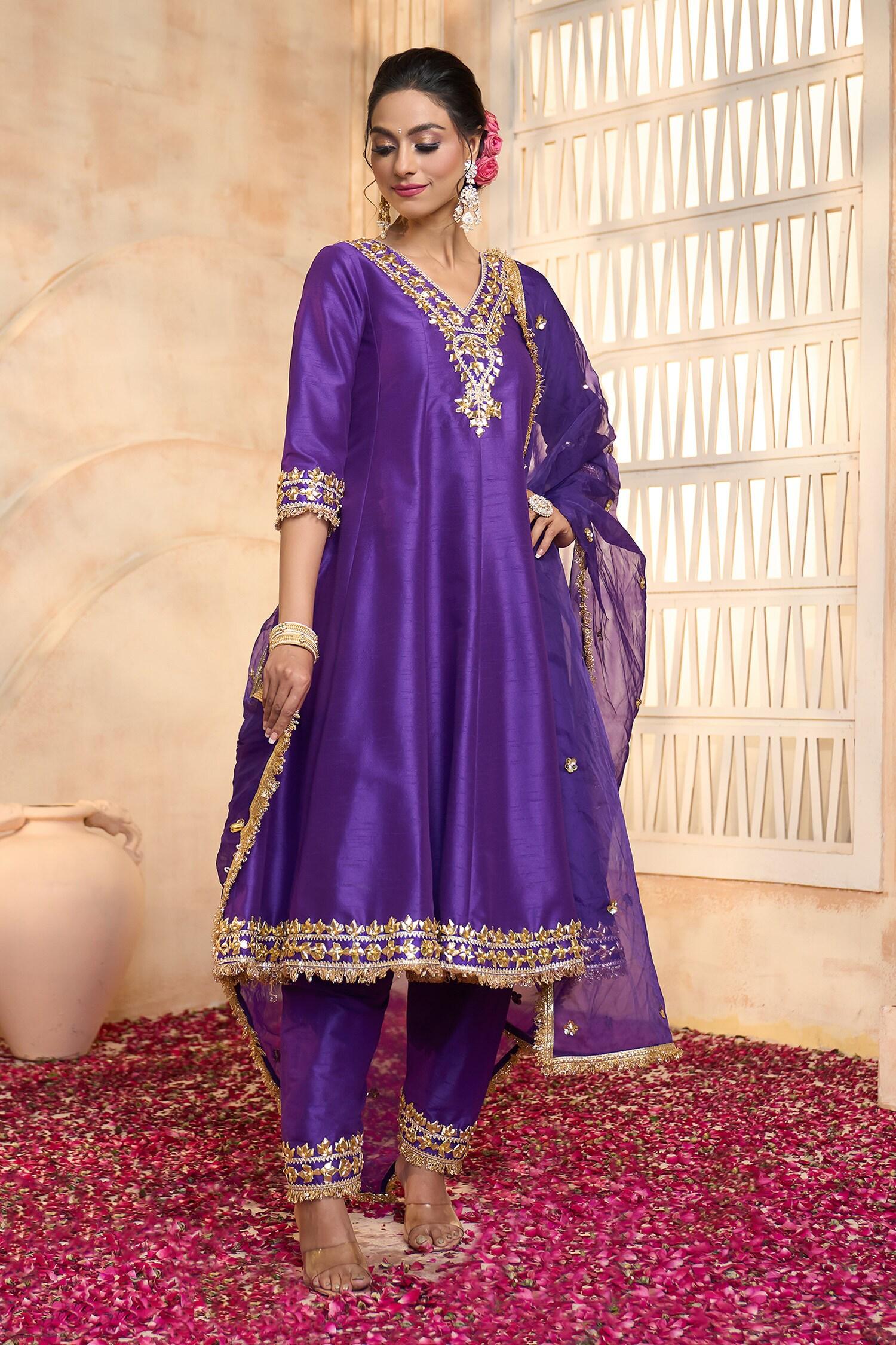 Blue Viscose, Cotton, Organza Embroidery, Lace, Gota Patti V-neck Anarkali Set - Designer Kurta Set