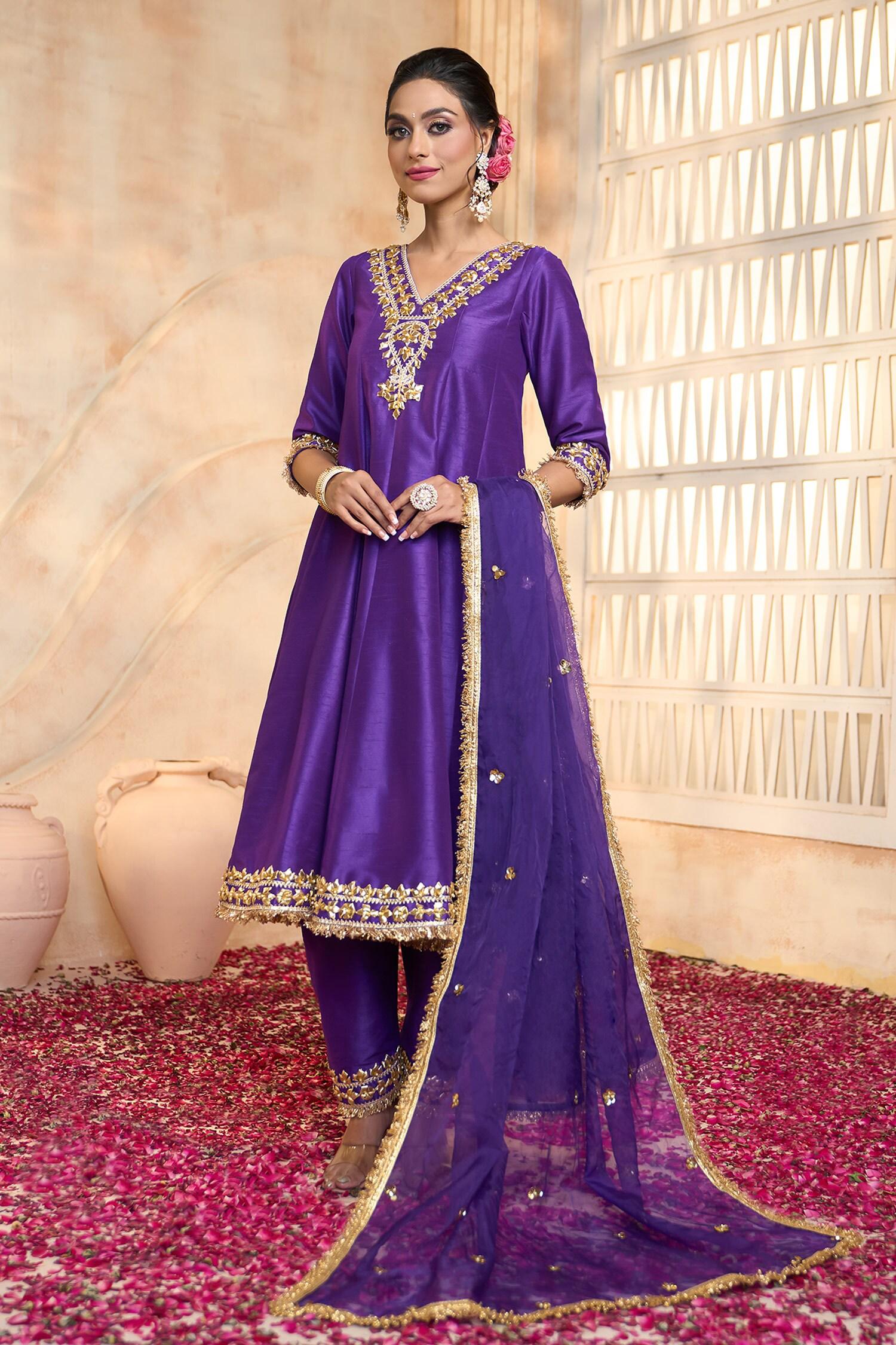 Blue Viscose, Cotton, Organza Embroidery, Lace, Gota Patti V-neck Anarkali Set - Designer Kurta Set