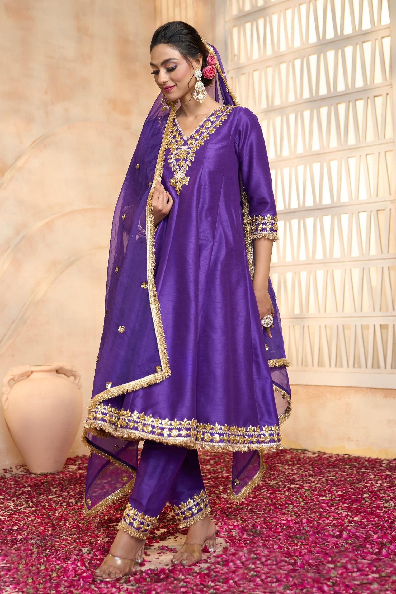 Blue Viscose, Cotton, Organza Embroidery, Lace, Gota Patti V-neck Anarkali Set - Designer Kurta Set