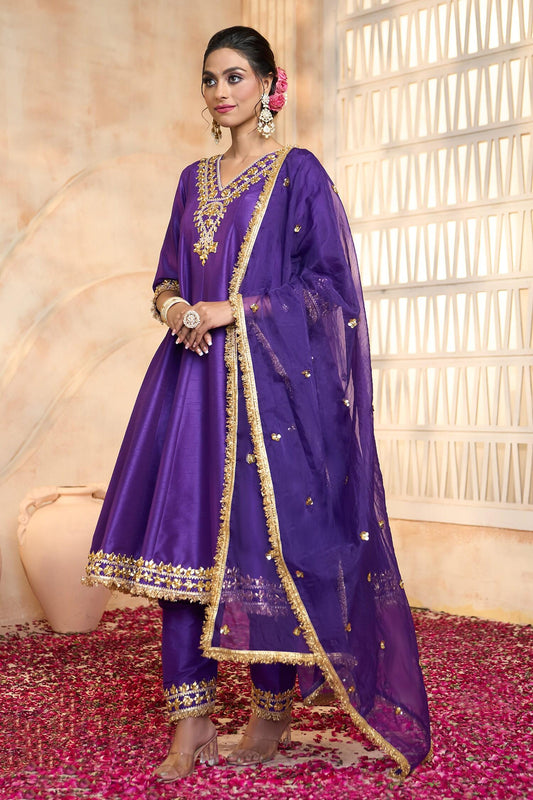 Blue Viscose, Cotton, Organza Embroidery, Lace, Gota Patti V-neck Anarkali Set - Designer Kurta Set