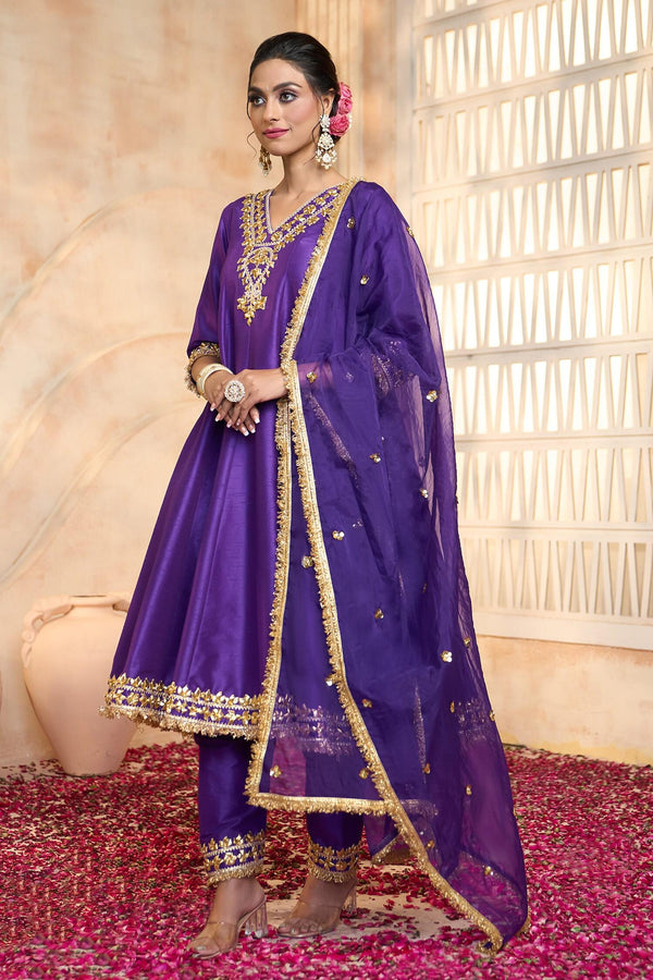 Blue Viscose, Cotton, Organza Embroidery, Lace, Gota Patti V-neck Anarkali Set - Designer Kurta Set