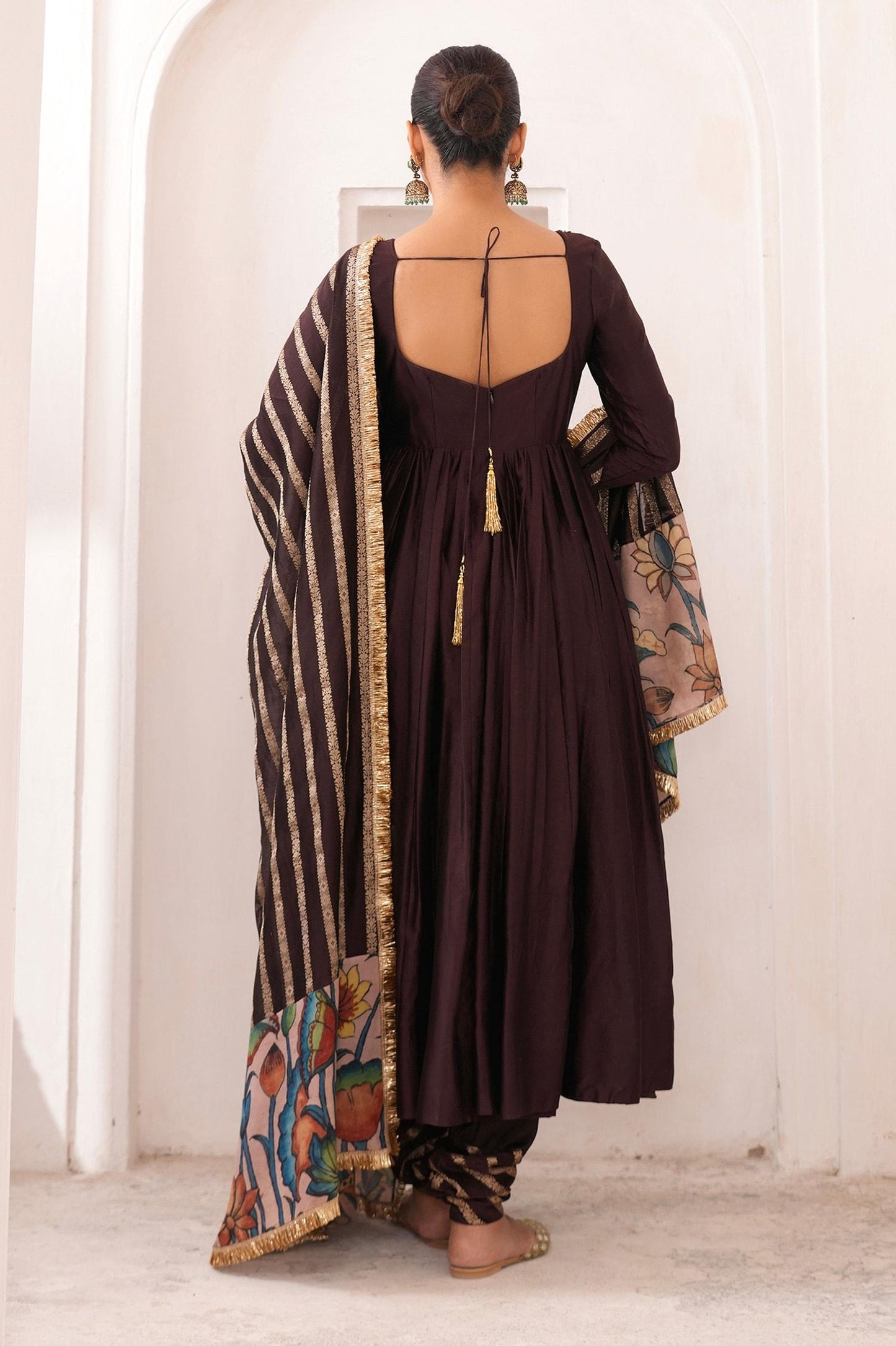 Brown , Chanderi Embroidery Square Neck Hand Anarkali Set - Designer Kurta Set