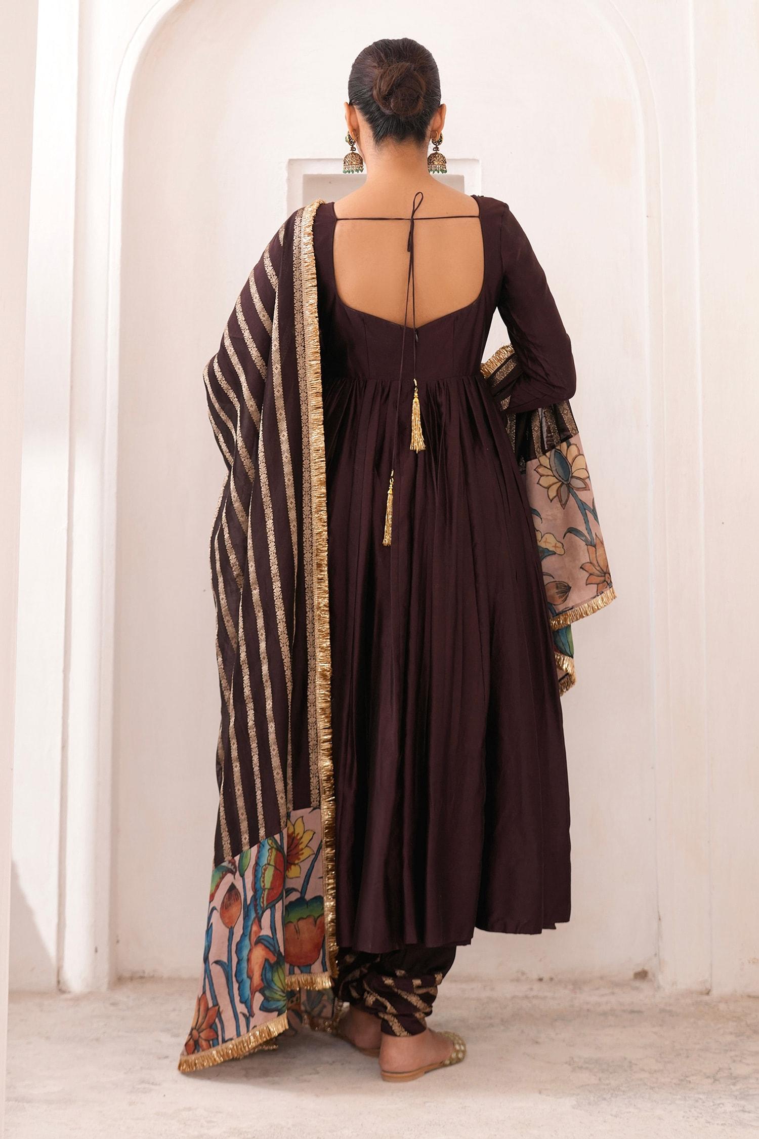 Brown , Chanderi Embroidery Square Neck Hand Anarkali Set - Designer Kurta Set