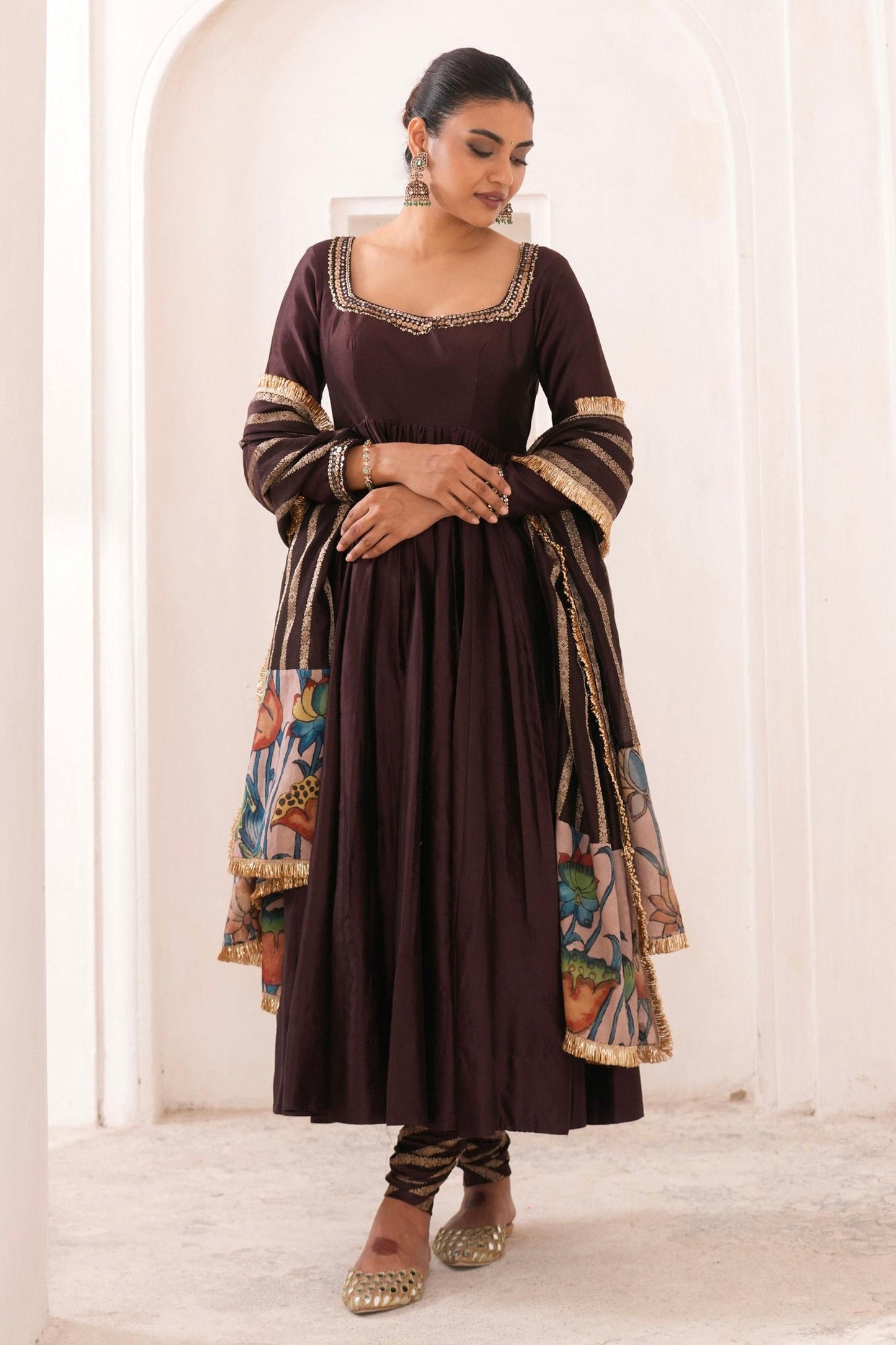 Brown , Chanderi Embroidery Square Neck Hand Anarkali Set - Designer Kurta Set