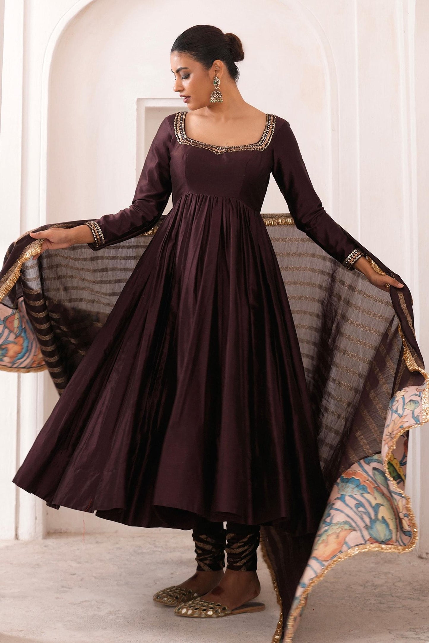 Brown , Chanderi Embroidery Square Neck Hand Anarkali Set - Designer Kurta Set