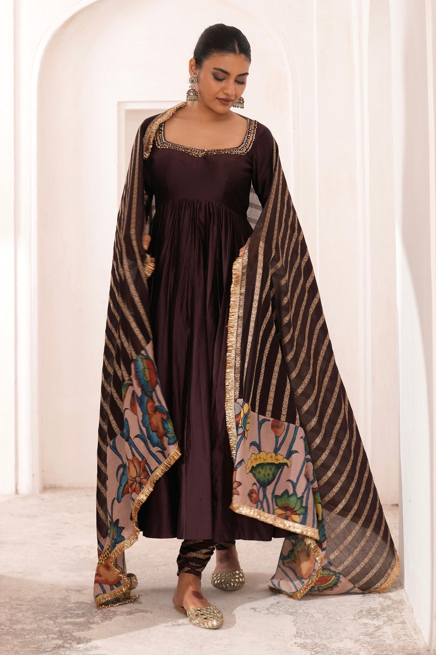 Brown , Chanderi Embroidery Square Neck Hand Anarkali Set - Designer Kurta Set