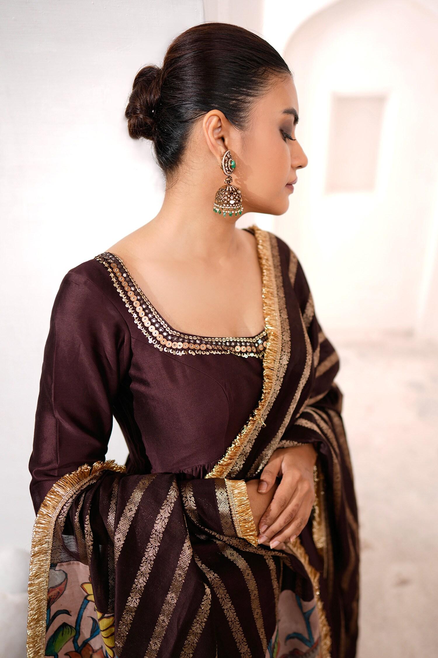 Brown , Chanderi Embroidery Square Neck Hand Anarkali Set - Designer Kurta Set