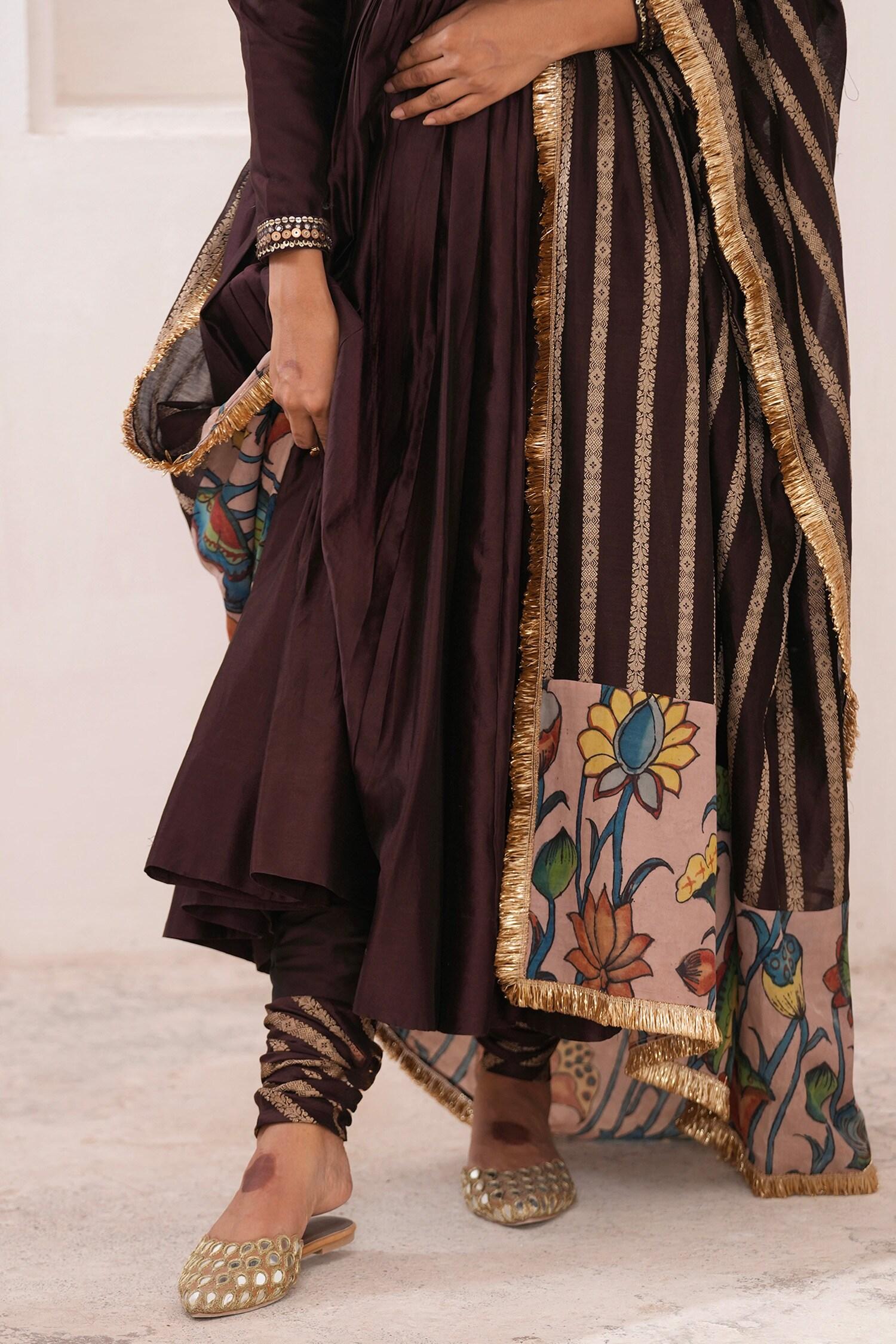 Brown , Chanderi Embroidery Square Neck Hand Anarkali Set - Designer Kurta Set