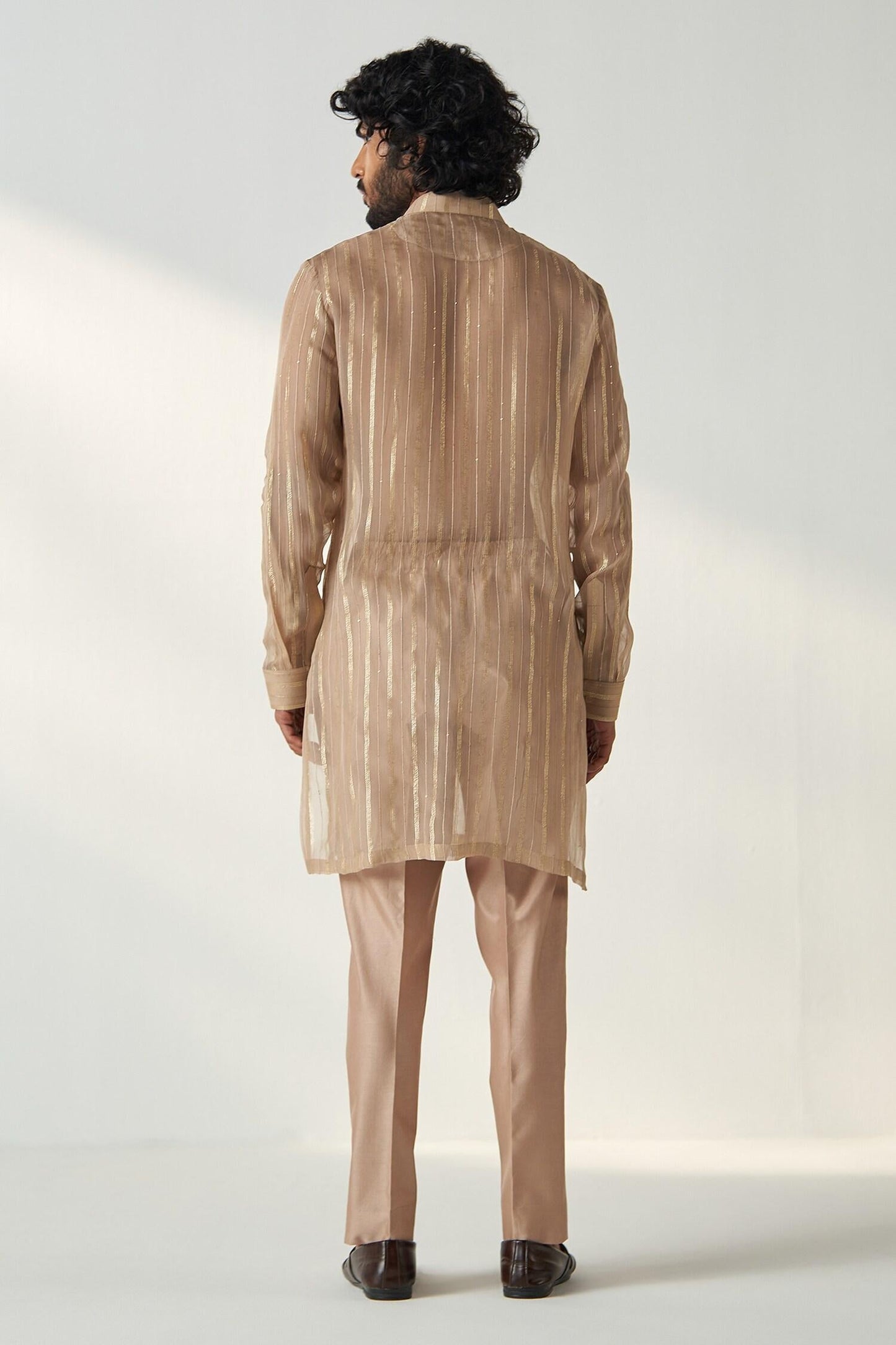 Kurta With Pant Brown Chanderi Georgette Omkar Stripe Pattern