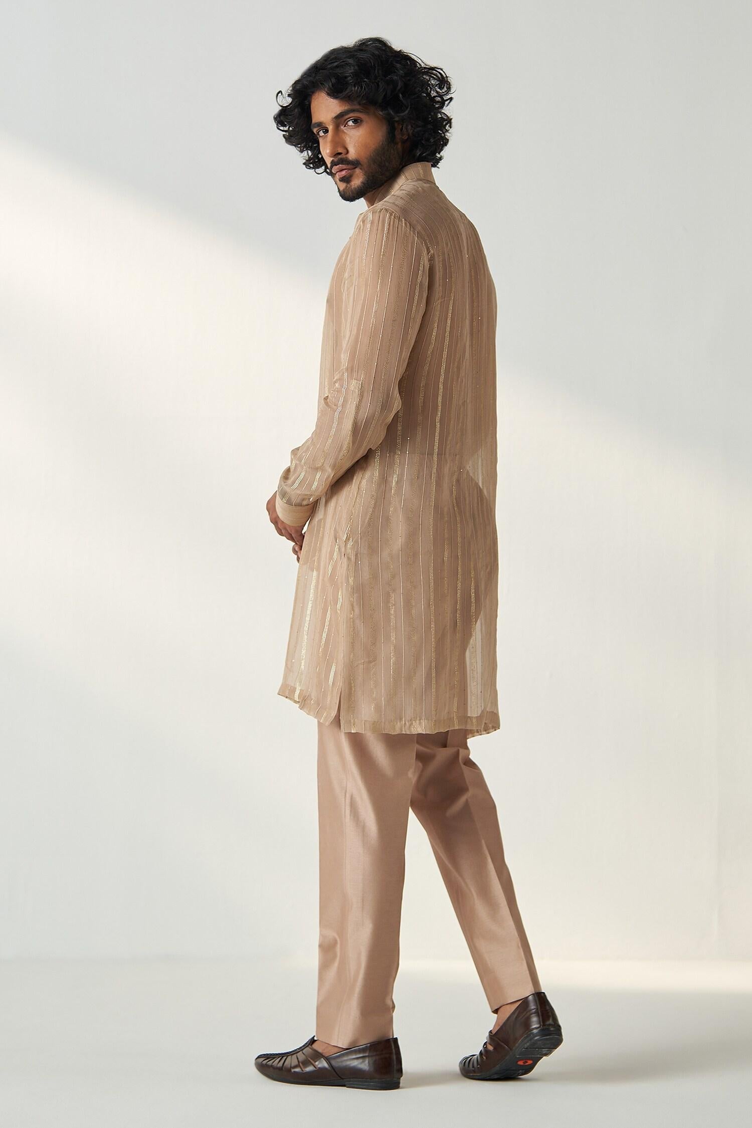 Kurta With Pant Brown Chanderi Georgette Omkar Stripe Pattern