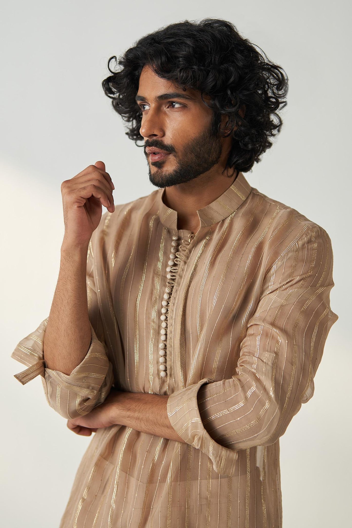 Kurta With Pant Brown Chanderi Georgette Omkar Stripe Pattern
