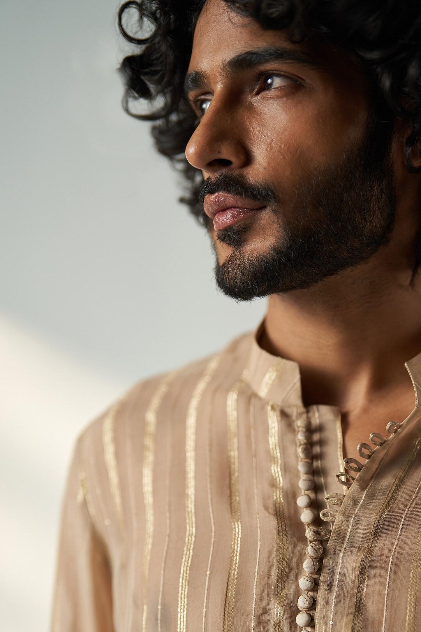 Kurta With Pant Brown Chanderi Georgette Omkar Stripe Pattern