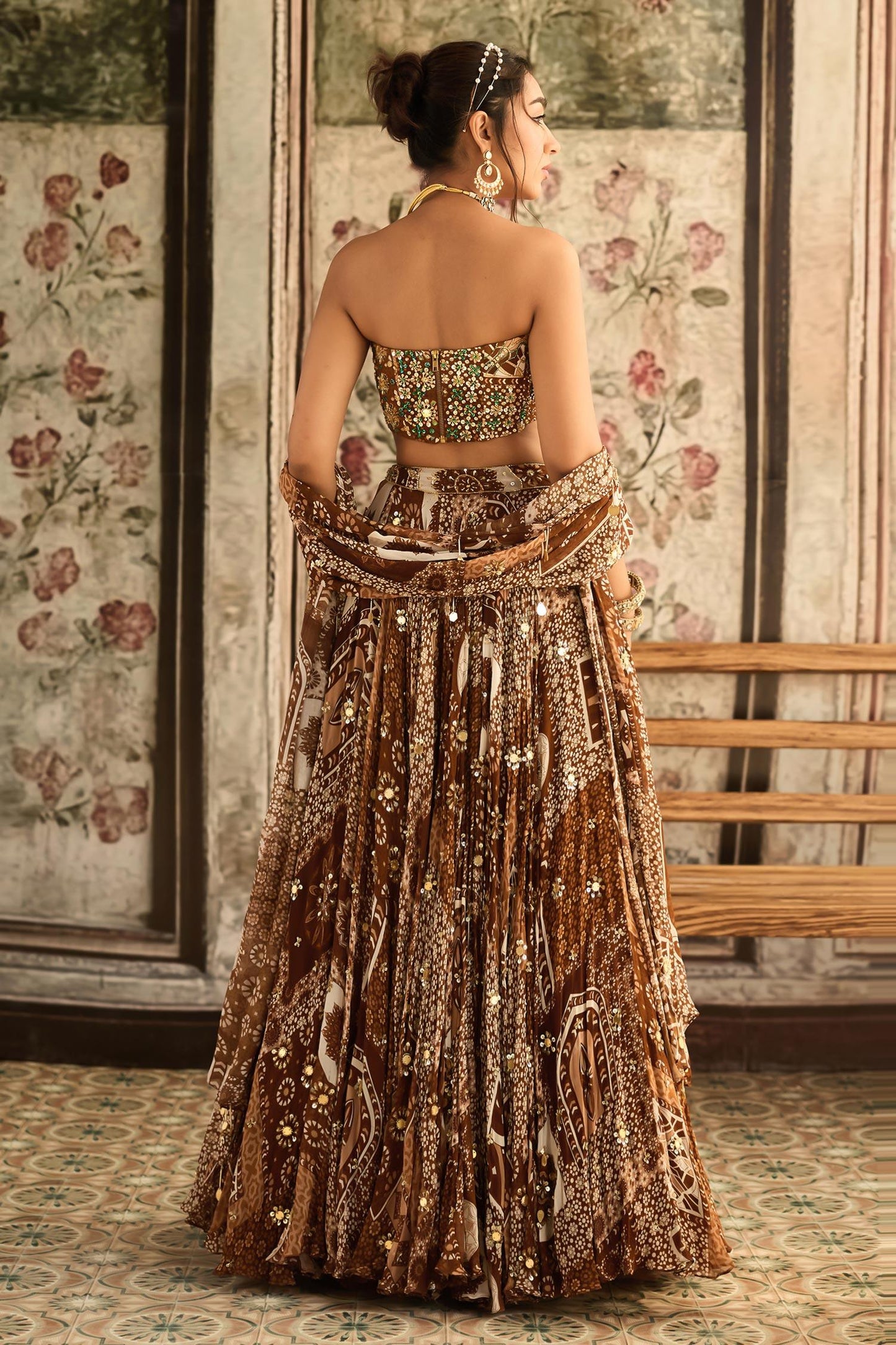 Brown Crepe, Georgette Sequins, Beads Sweetheart Printed Caramel Lehenga Set - Designer Kurta Set