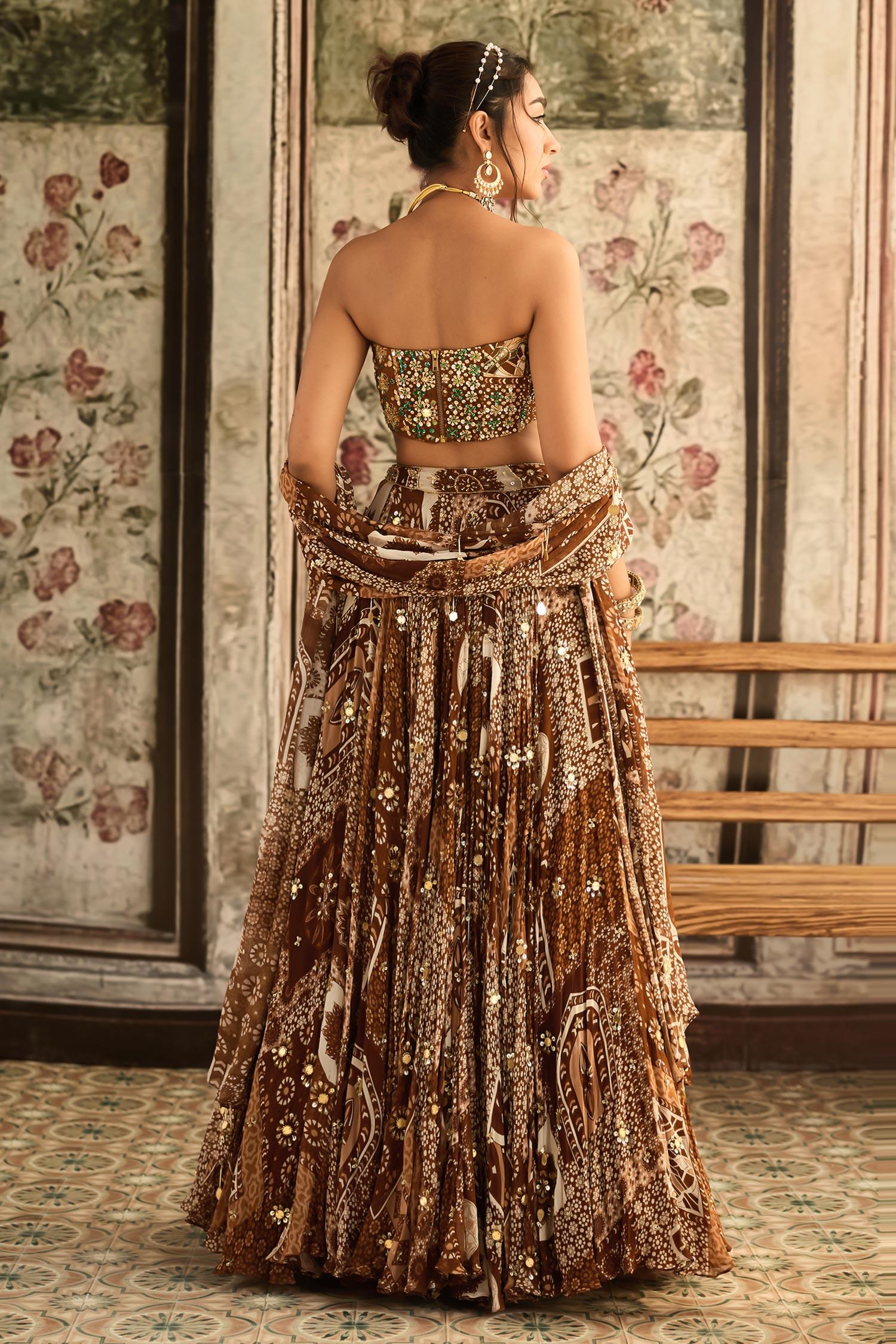 Brown Crepe, Georgette Sequins, Beads Sweetheart Printed Caramel Lehenga Set - Designer Kurta Set