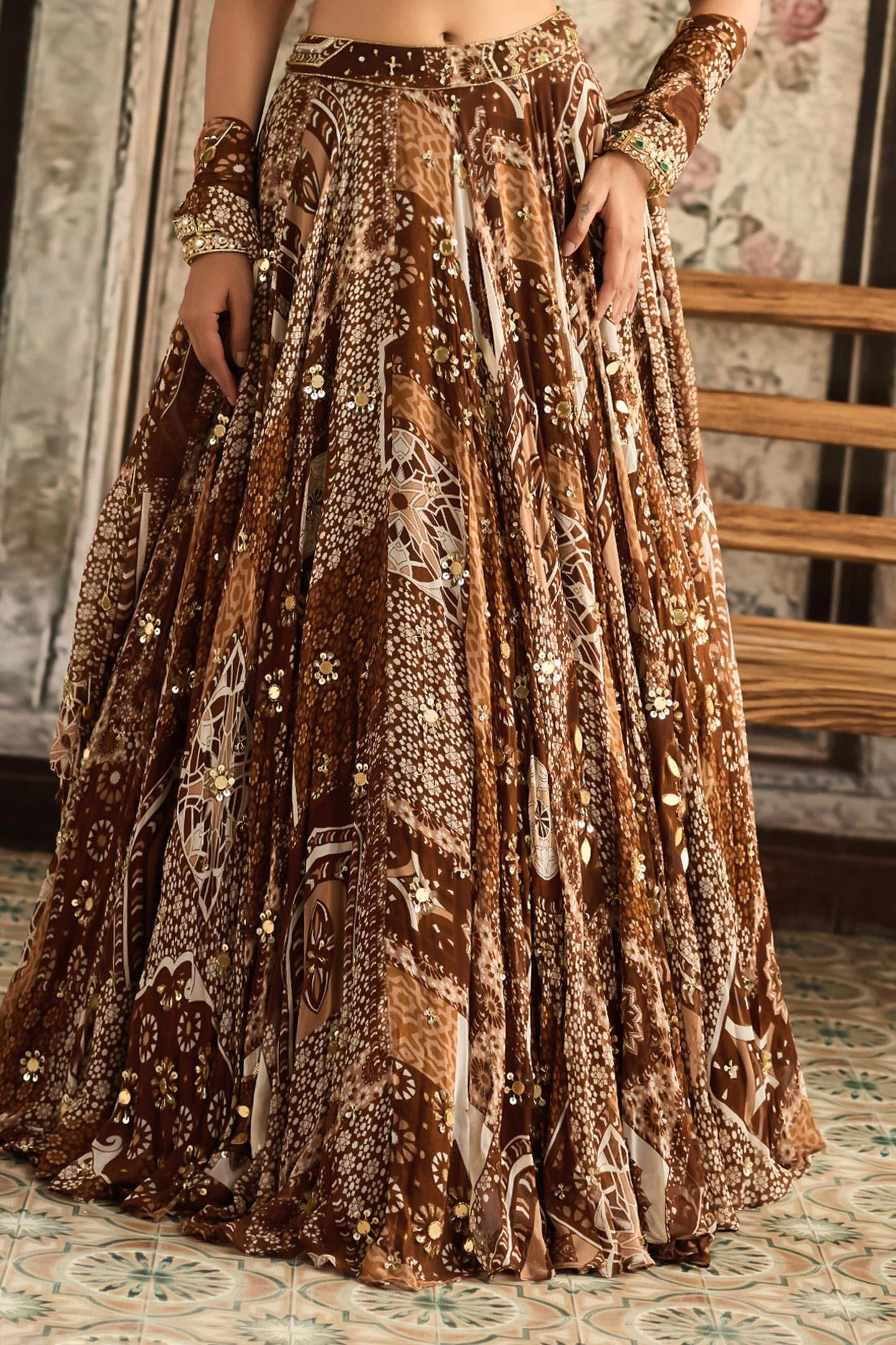 Brown Crepe, Georgette Sequins, Beads Sweetheart Printed Caramel Lehenga Set - Designer Kurta Set