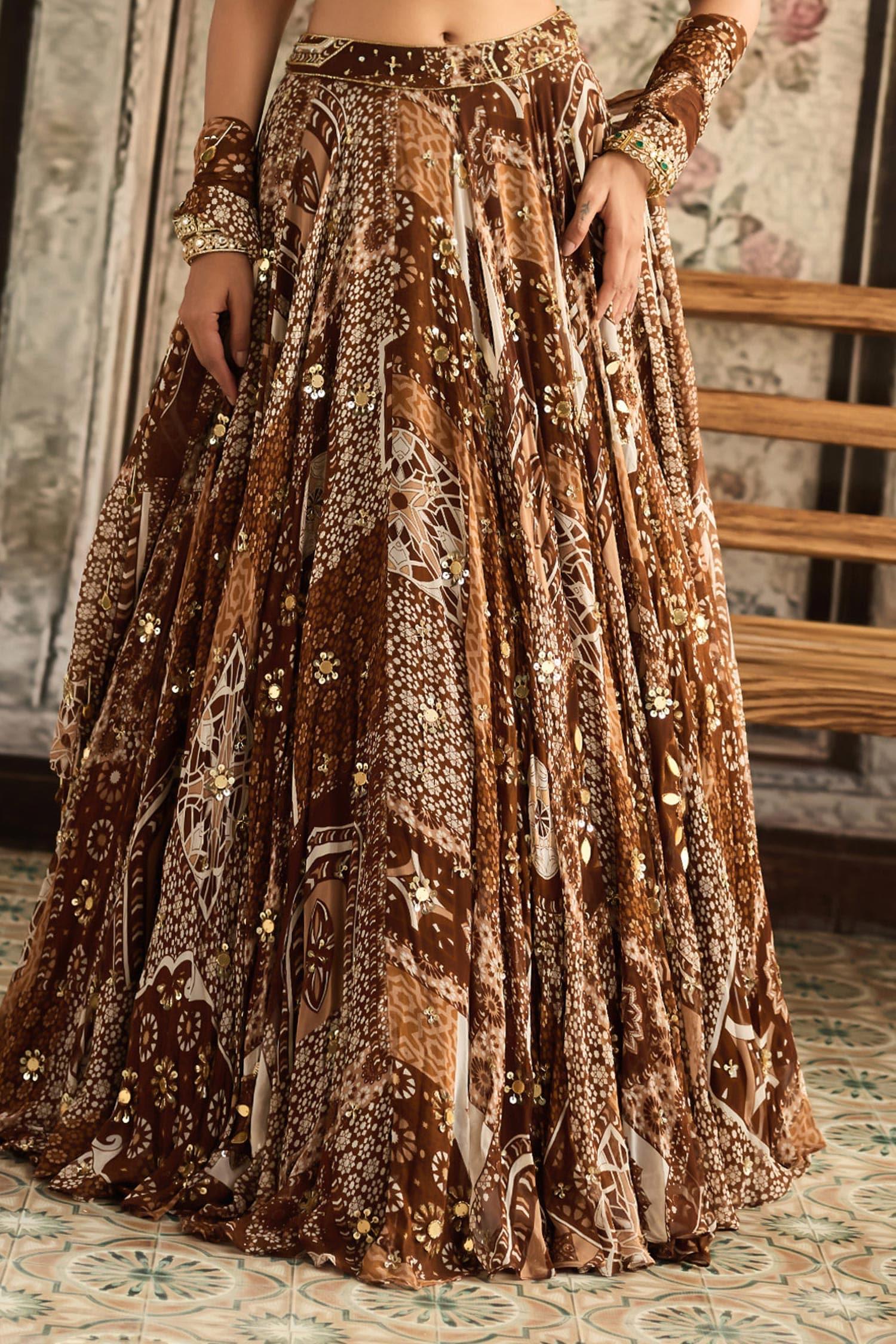 Brown Crepe, Georgette Sequins, Beads Sweetheart Printed Caramel Lehenga Set - Designer Kurta Set