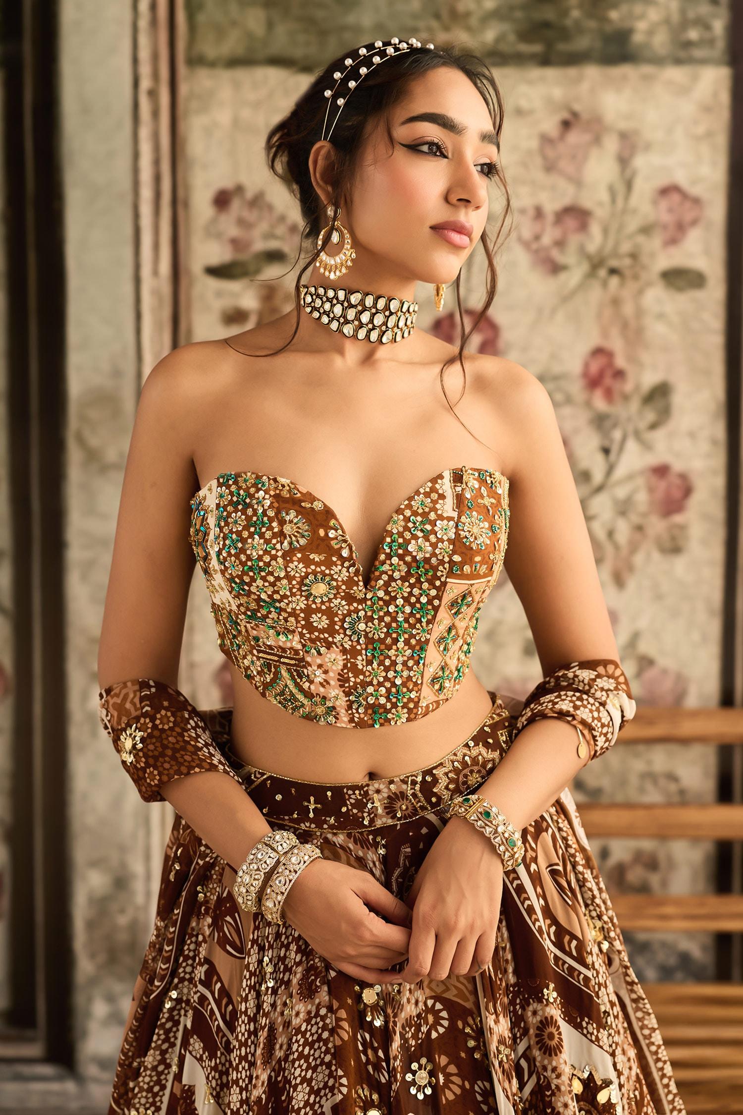 Brown Crepe, Georgette Sequins, Beads Sweetheart Printed Caramel Lehenga Set - Designer Kurta Set