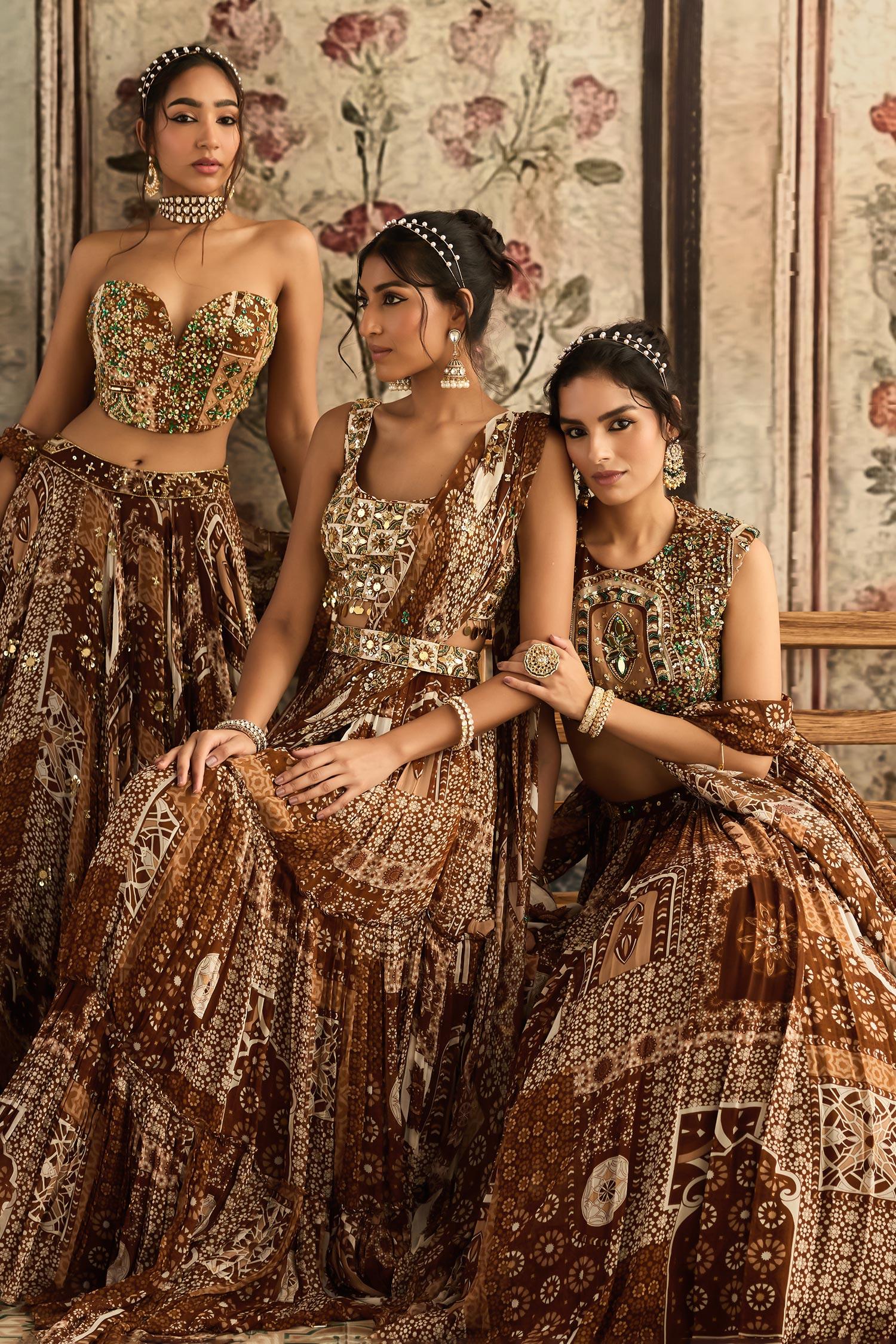 Brown Crepe, Georgette Sequins, Beads Sweetheart Printed Caramel Lehenga Set - Designer Kurta Set