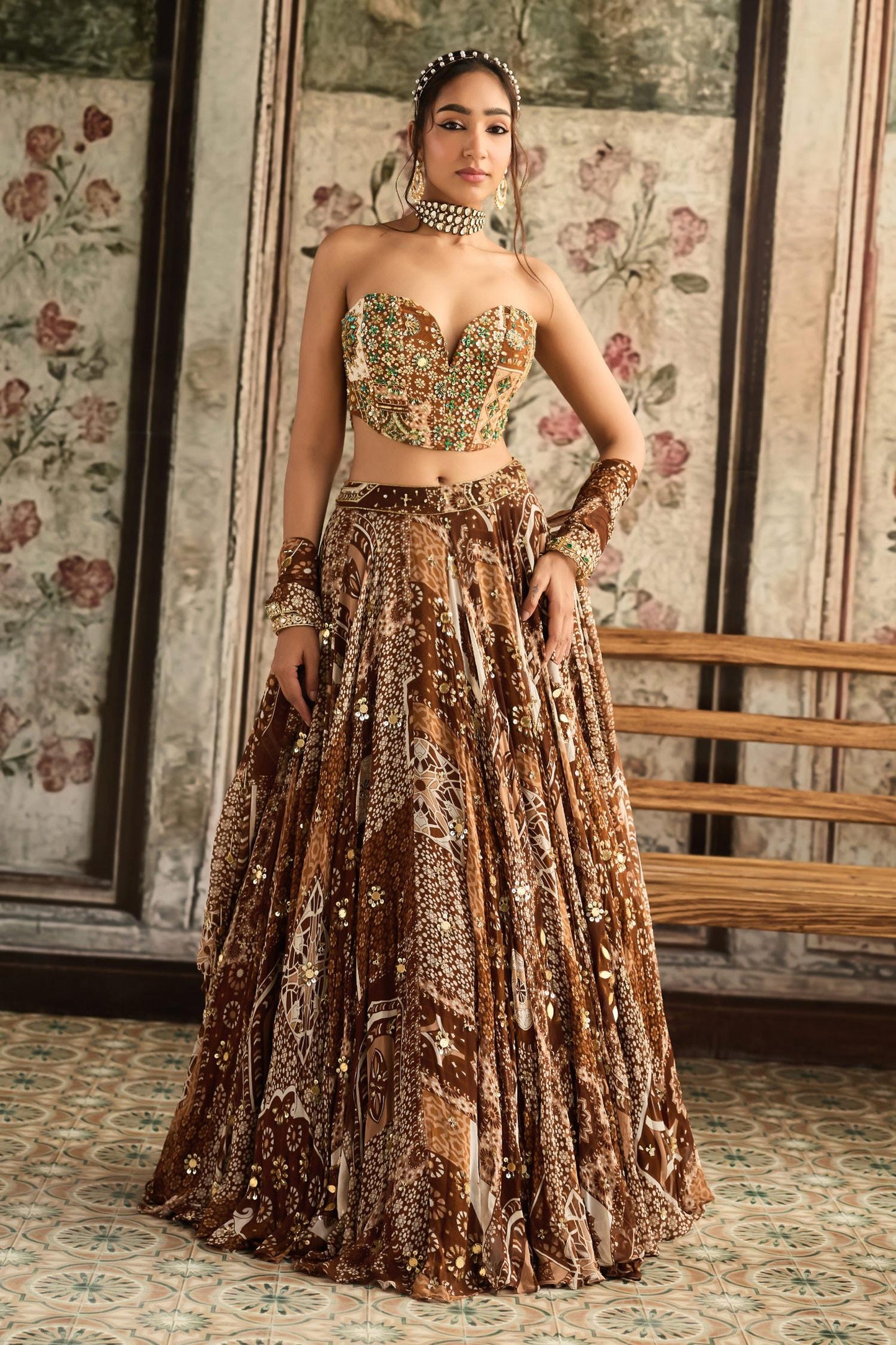 Brown Crepe, Georgette Sequins, Beads Sweetheart Printed Caramel Lehenga Set - Designer Kurta Set