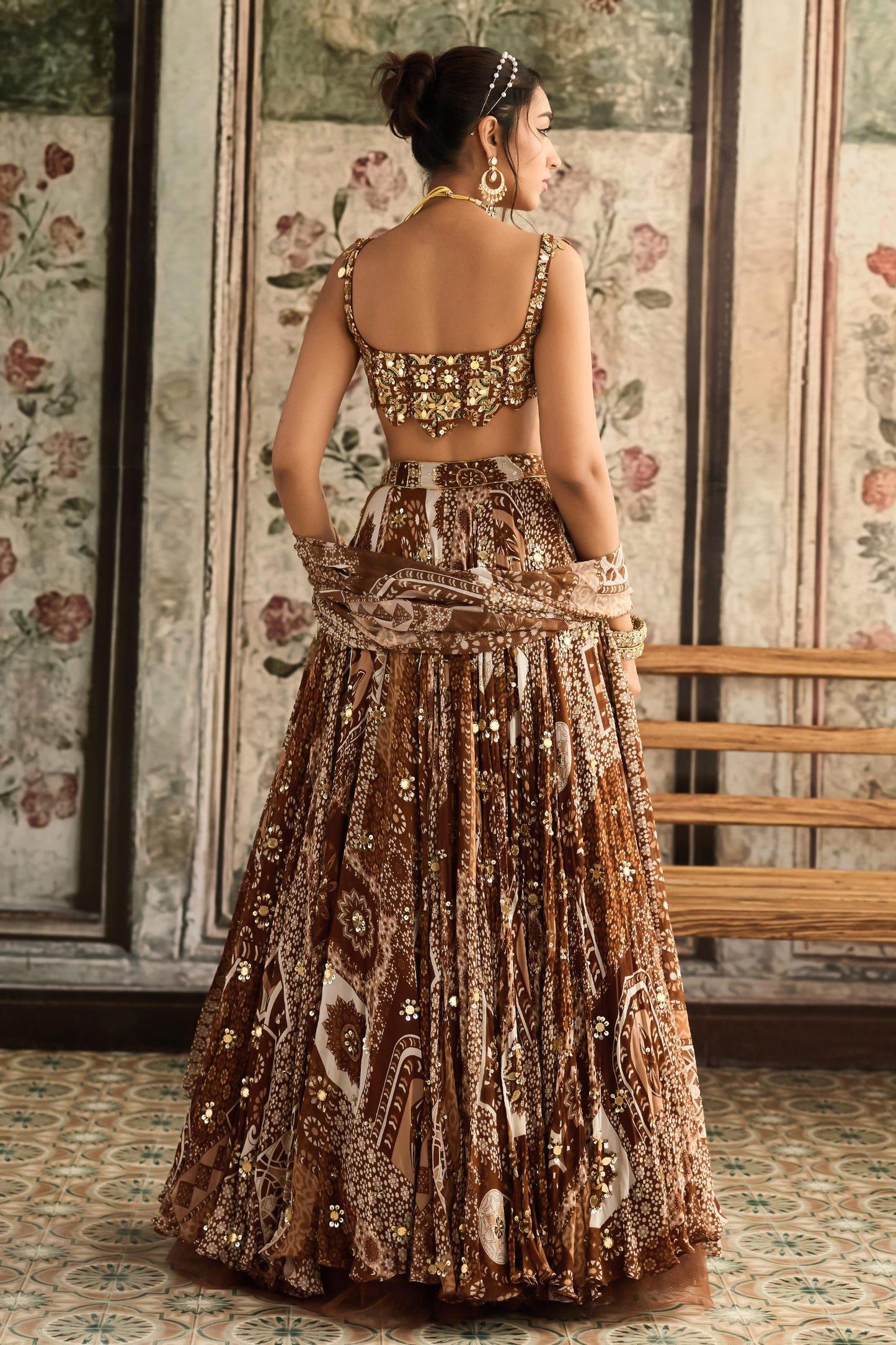 Brown Crepe, Georgette Sequins, Embroidery Square Caramel Printed Lehenga Set - Designer Kurta Set