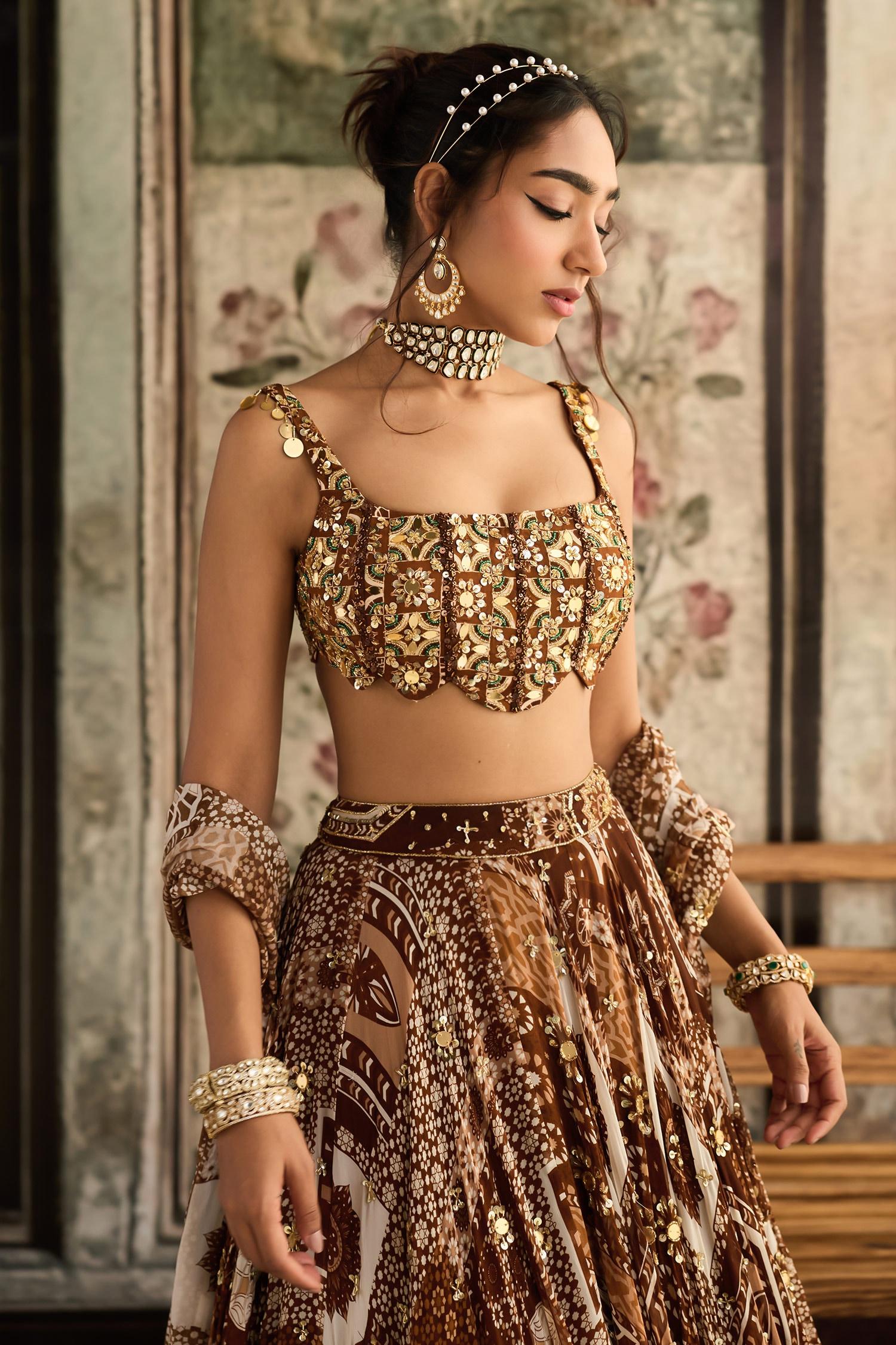 Brown Crepe, Georgette Sequins, Embroidery Square Caramel Printed Lehenga Set - Designer Kurta Set