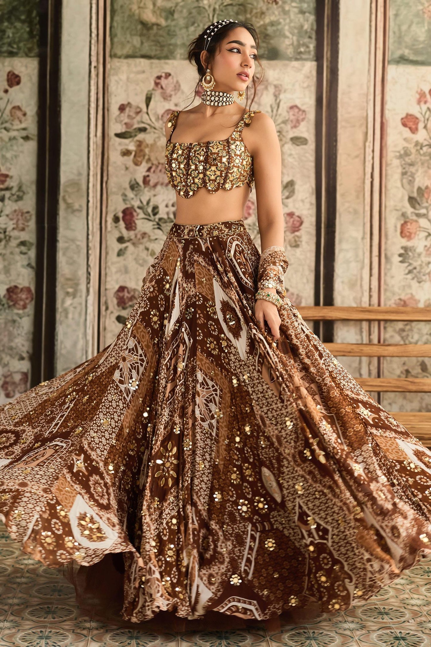 Brown Crepe, Georgette Sequins, Embroidery Square Caramel Printed Lehenga Set - Designer Kurta Set