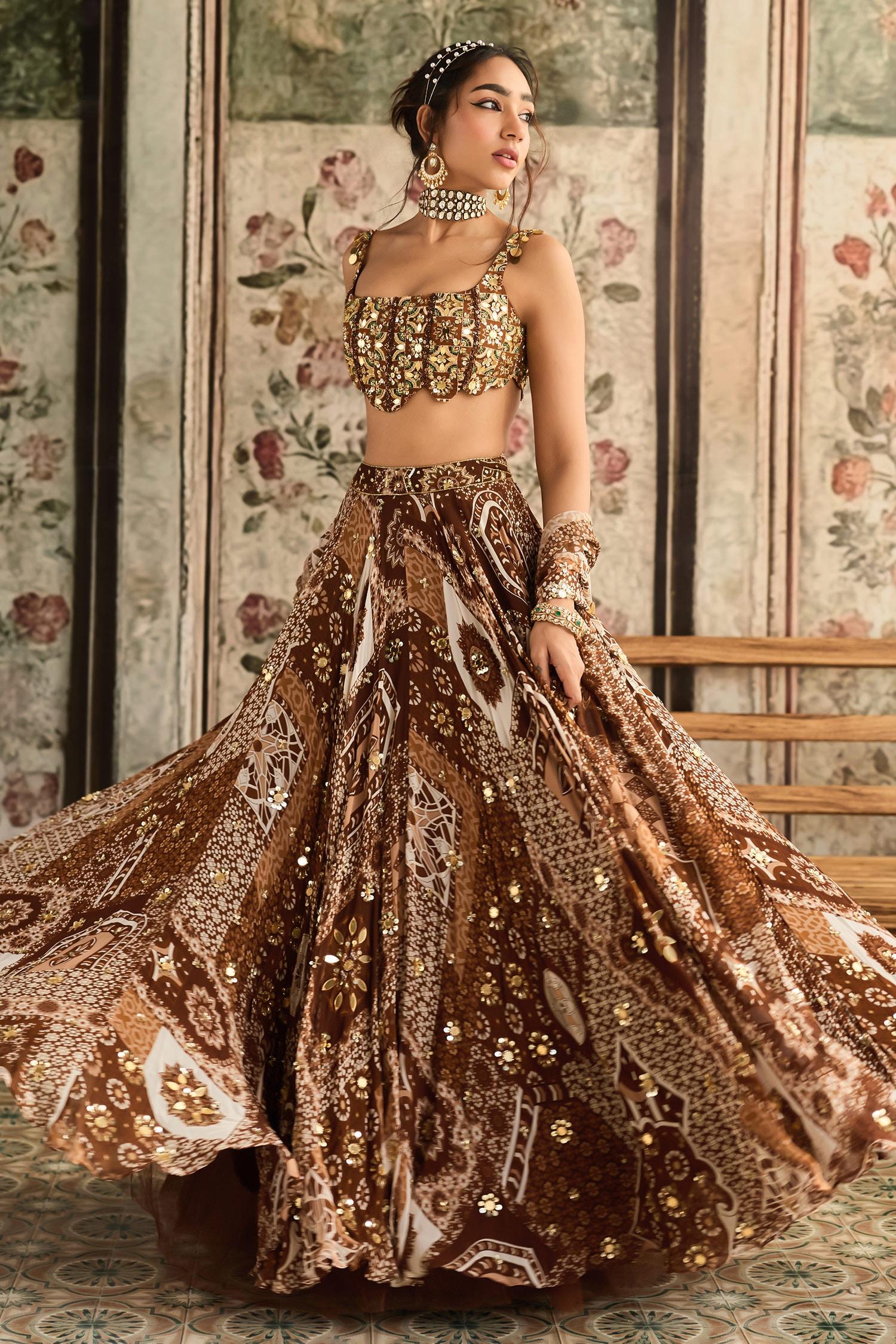 Brown Crepe, Georgette Sequins, Embroidery Square Caramel Printed Lehenga Set - Designer Kurta Set