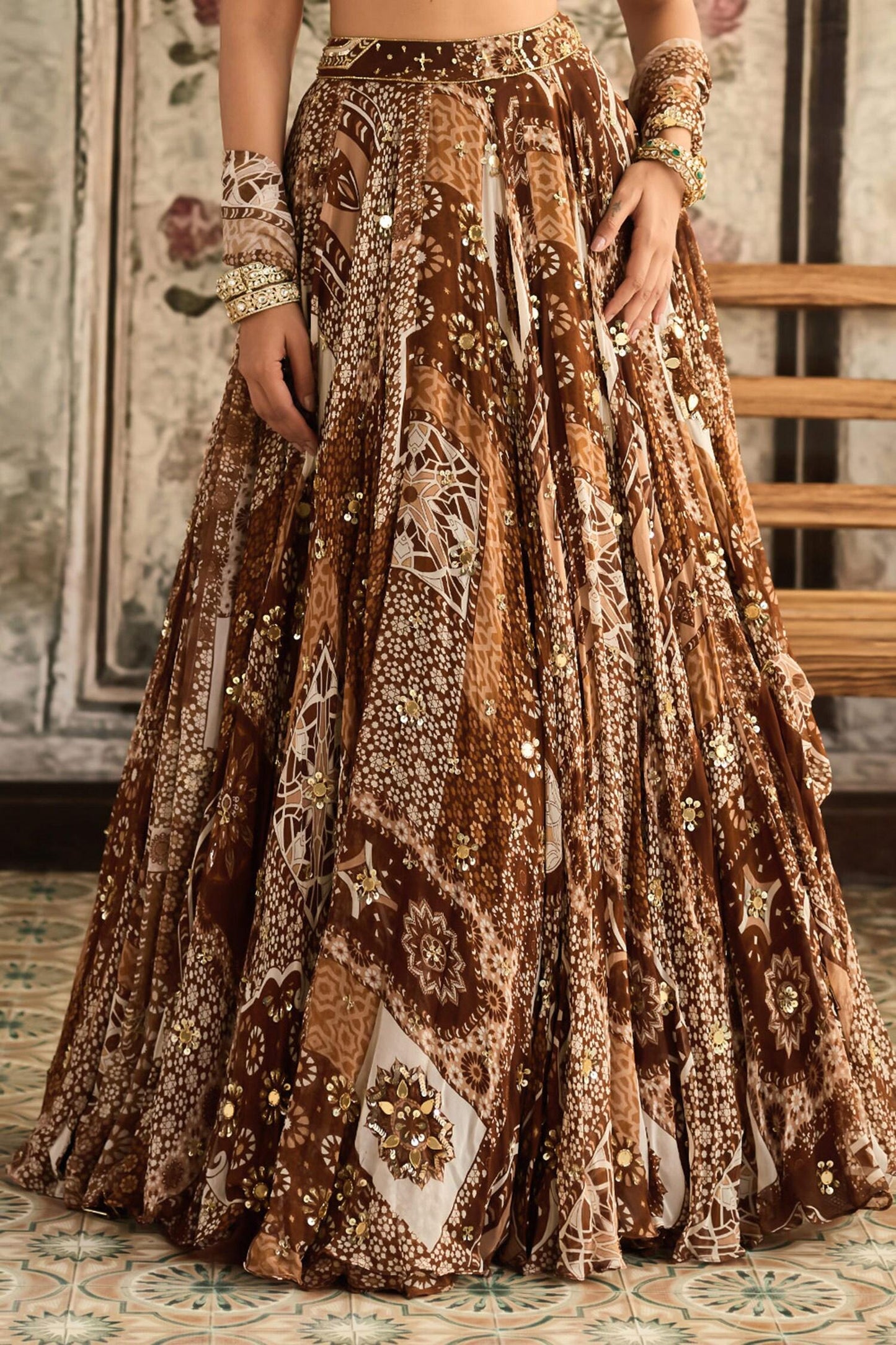 Brown Crepe, Georgette Sequins, Embroidery Square Caramel Printed Lehenga Set - Designer Kurta Set