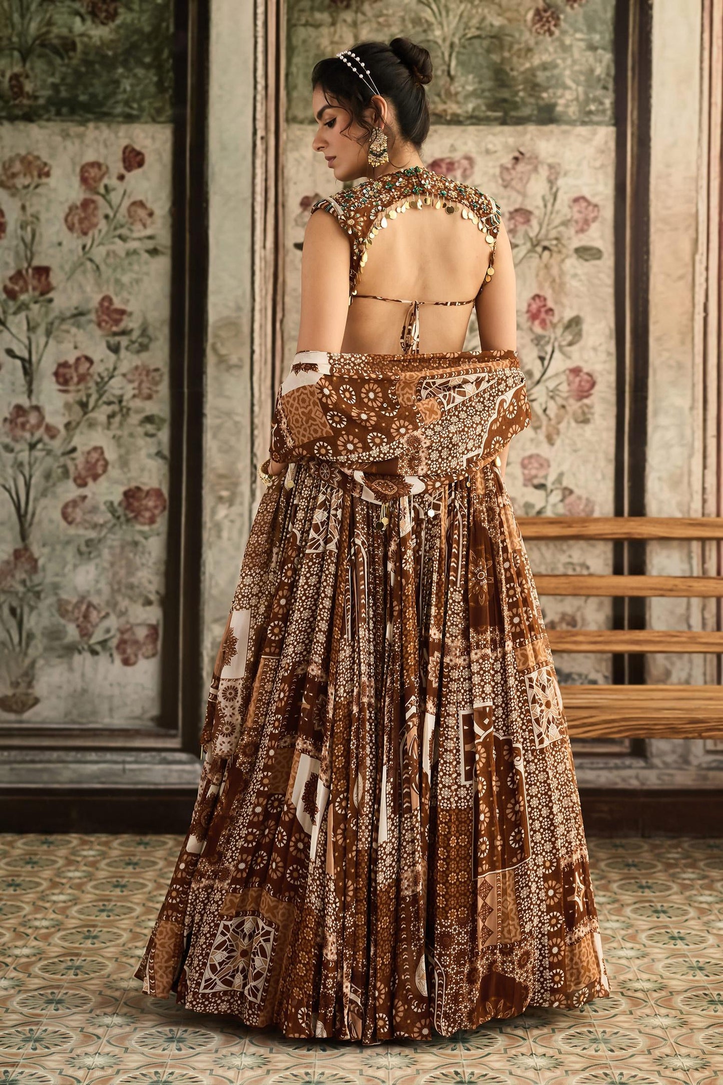 Brown Georgette Beads, Sequins Round Neck Caramel Printed Lehenga Set - Designer Kurta Set
