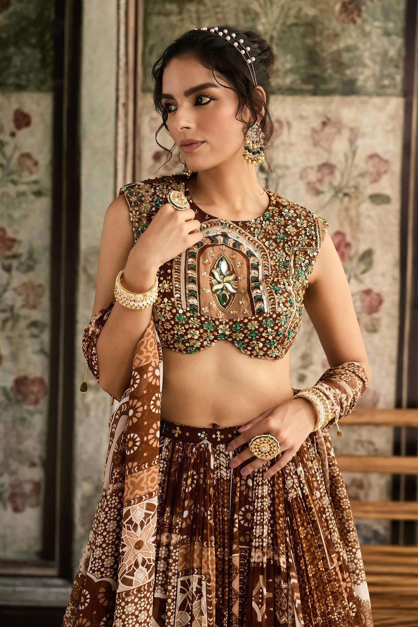 Brown Georgette Beads, Sequins Round Neck Caramel Printed Lehenga Set - Designer Kurta Set