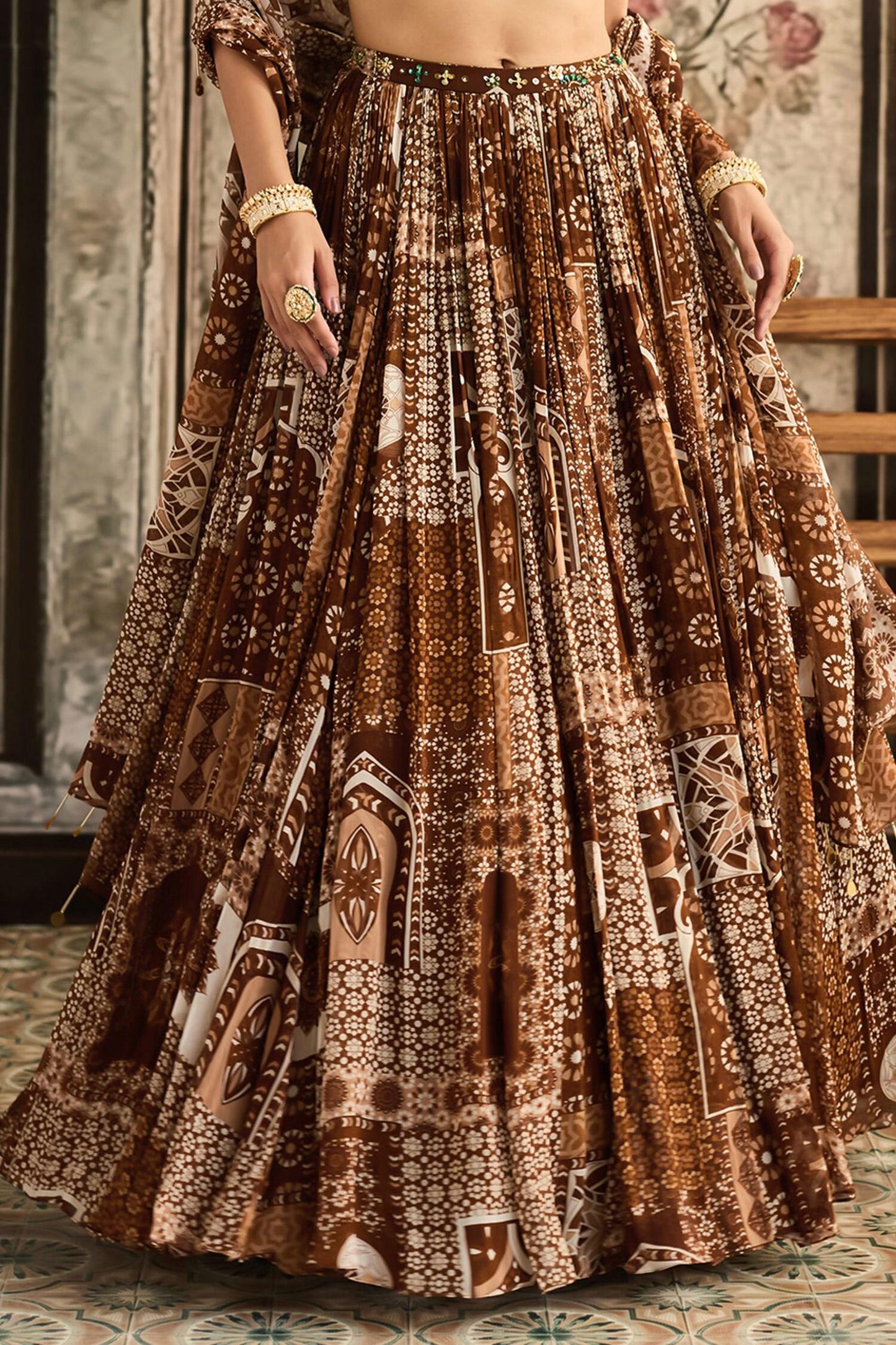 Brown Georgette Beads, Sequins Round Neck Caramel Printed Lehenga Set - Designer Kurta Set
