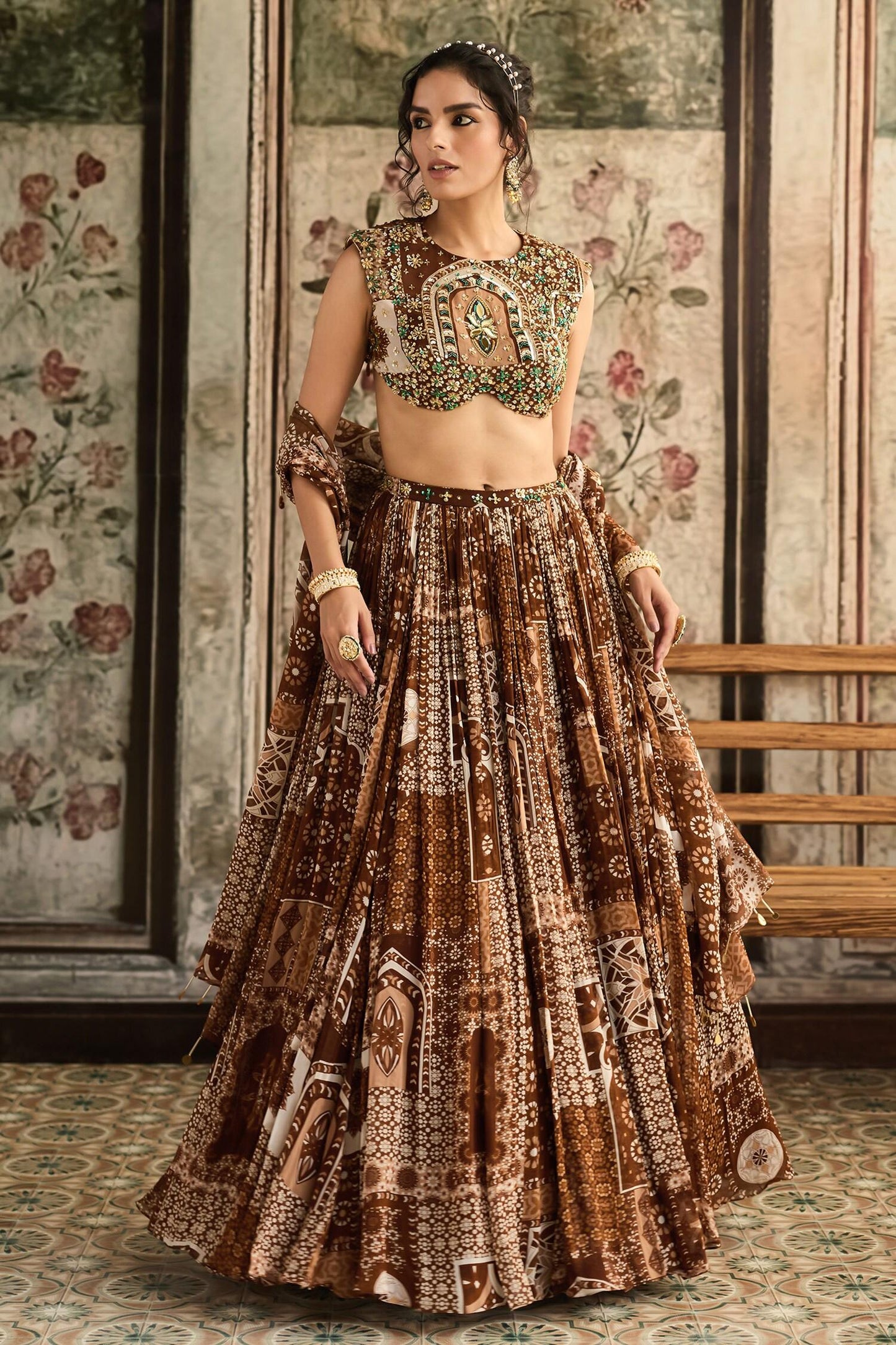 Brown Georgette Beads, Sequins Round Neck Caramel Printed Lehenga Set - Designer Kurta Set