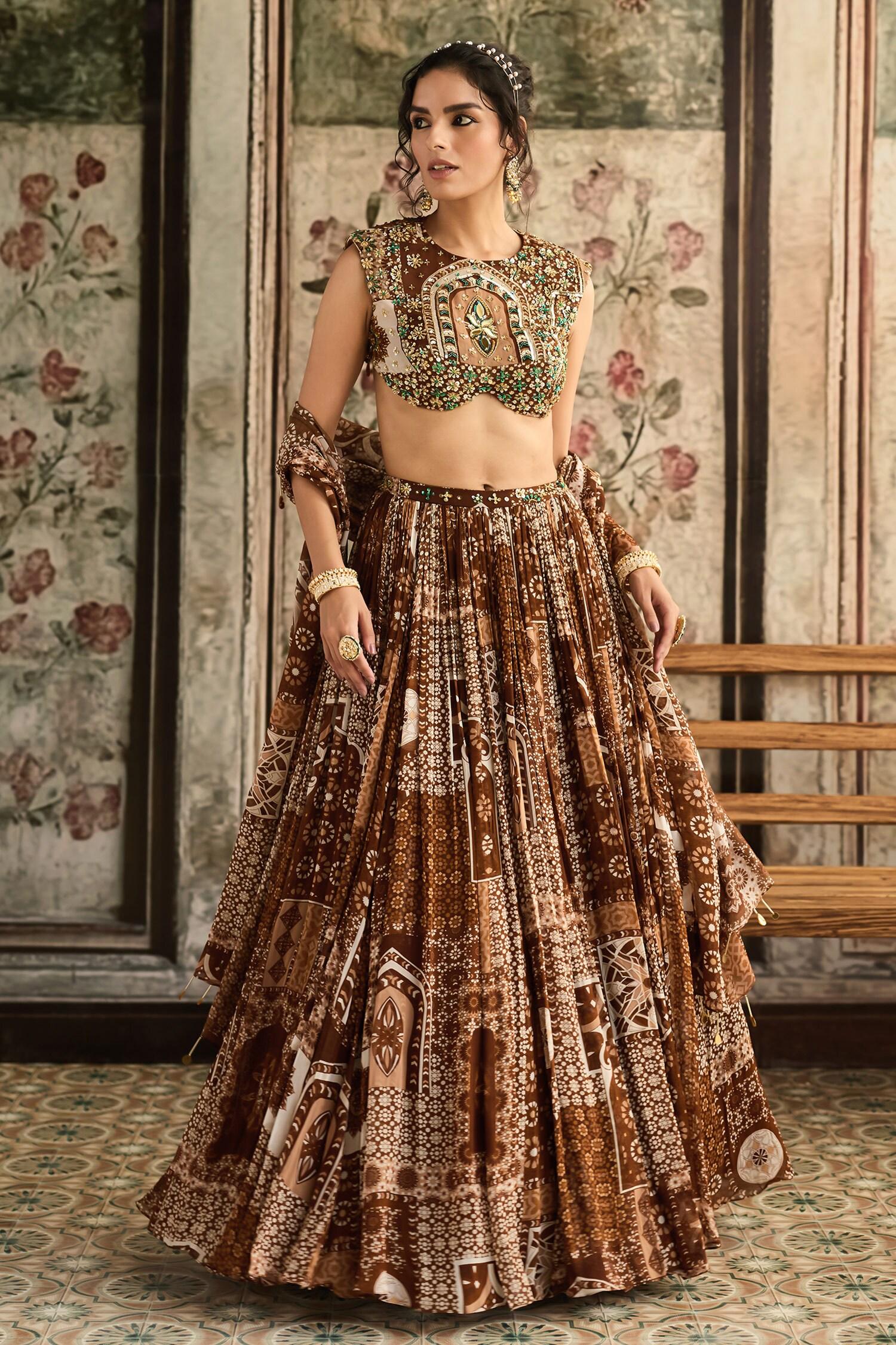Brown Georgette Beads, Sequins Round Neck Caramel Printed Lehenga Set - Designer Kurta Set