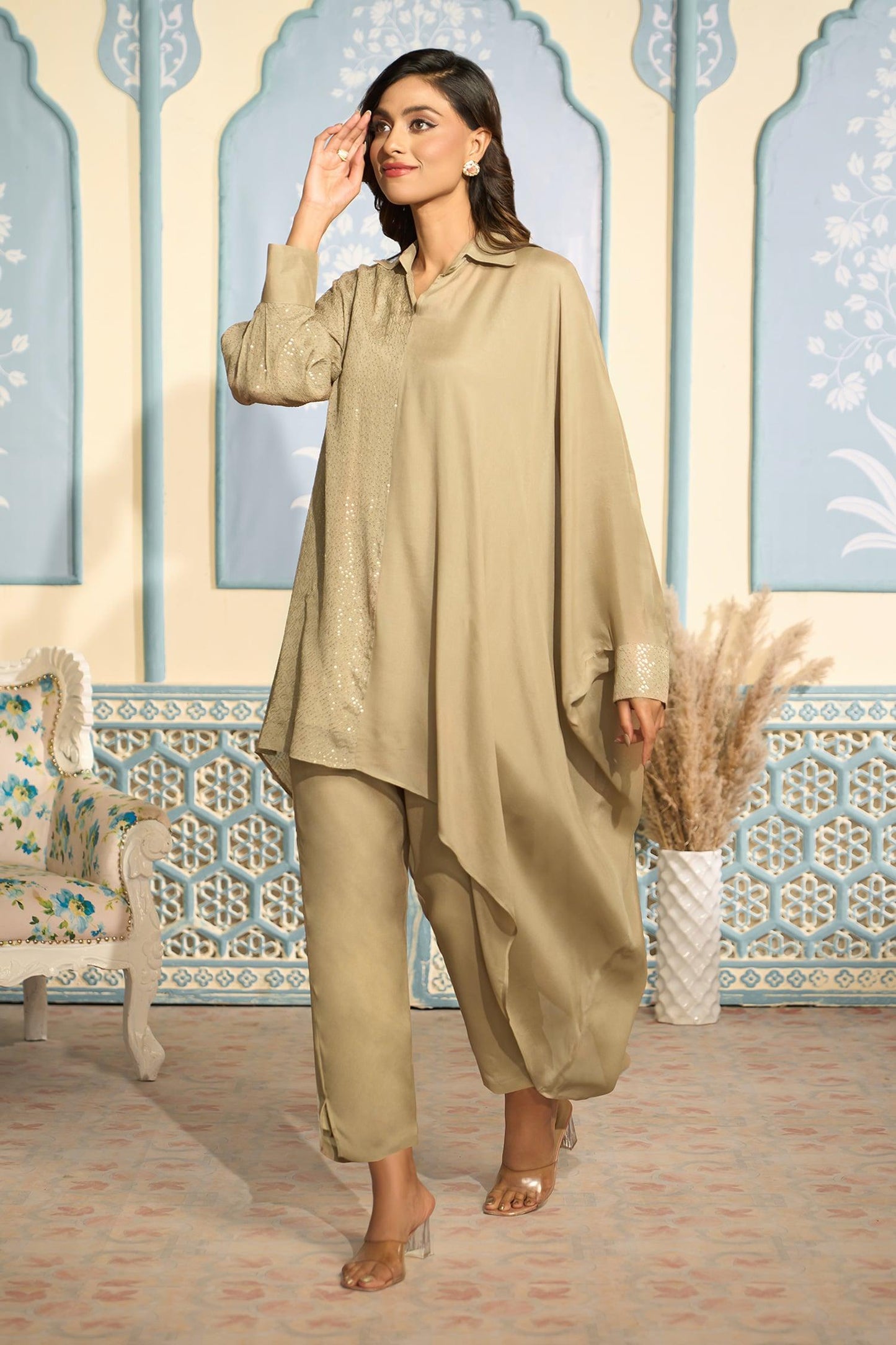 Brown Georgette Sequins Collared Embroidered Kaftan And Pant Set - Designer Kurta Set
