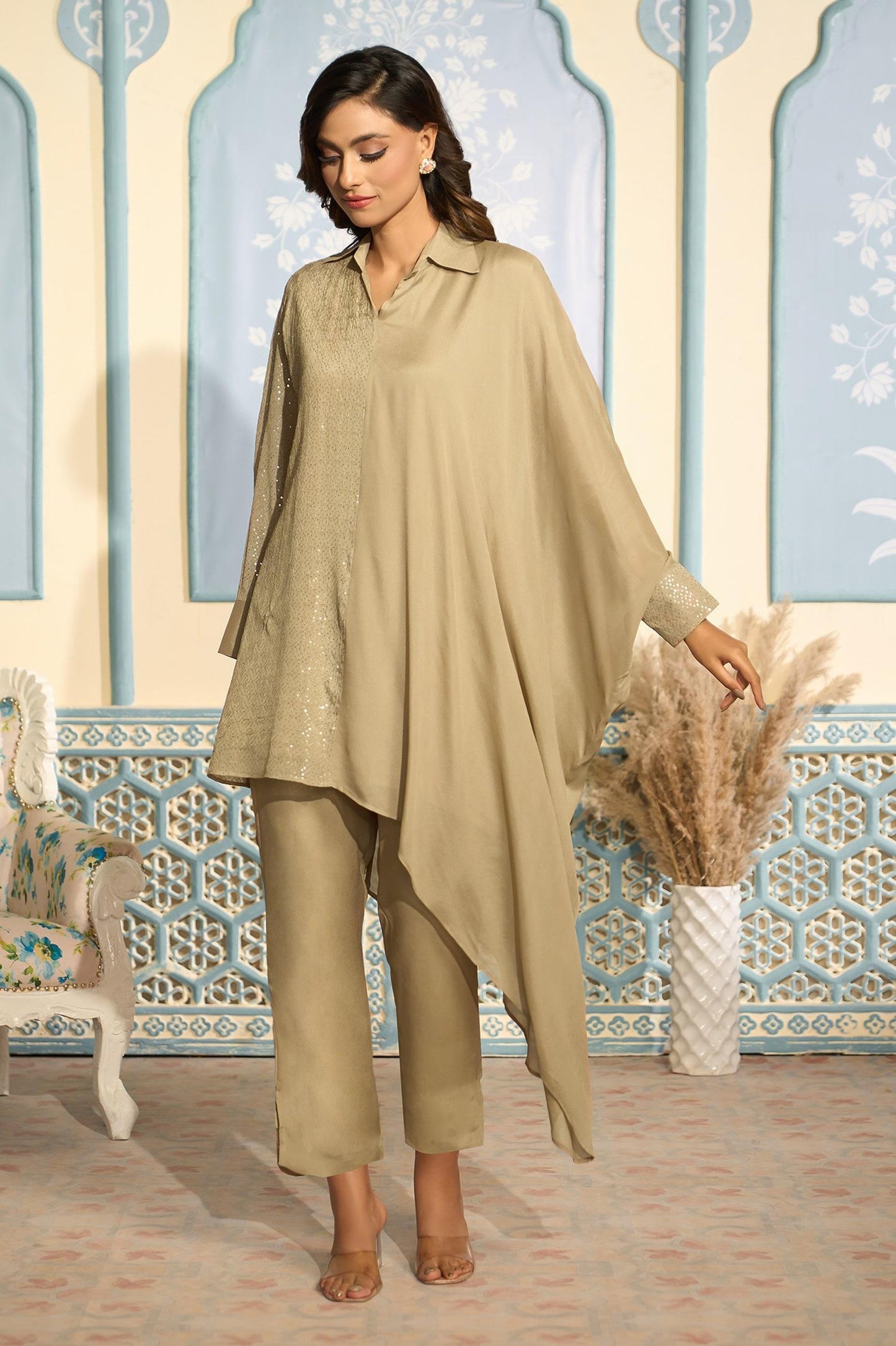 Brown Georgette Sequins Collared Embroidered Kaftan And Pant Set - Designer Kurta Set