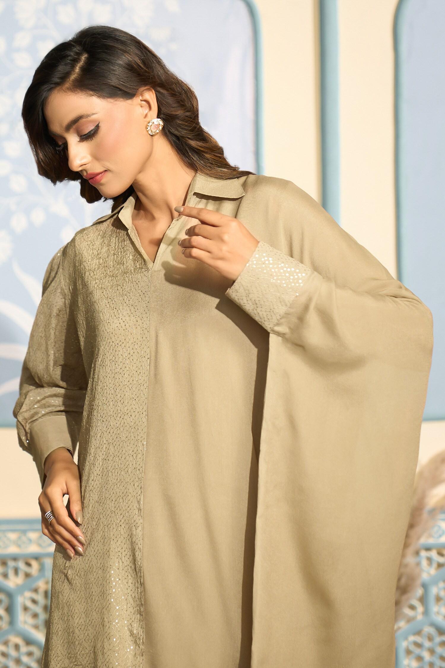 Brown Georgette Sequins Collared Embroidered Kaftan And Pant Set - Designer Kurta Set