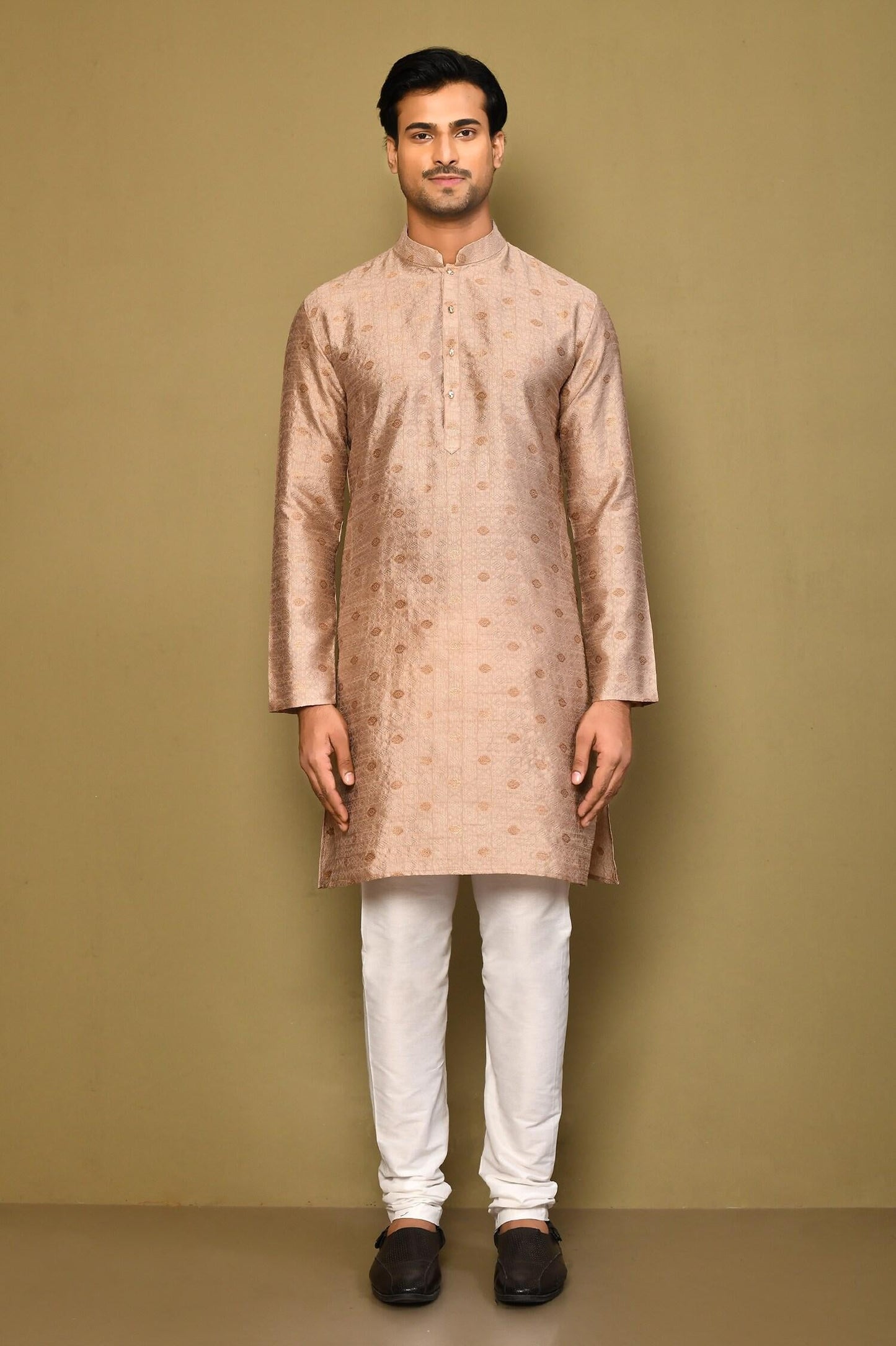Kurta Set Brown Jacquard Polyester Viscose Geometric Pattern Woven