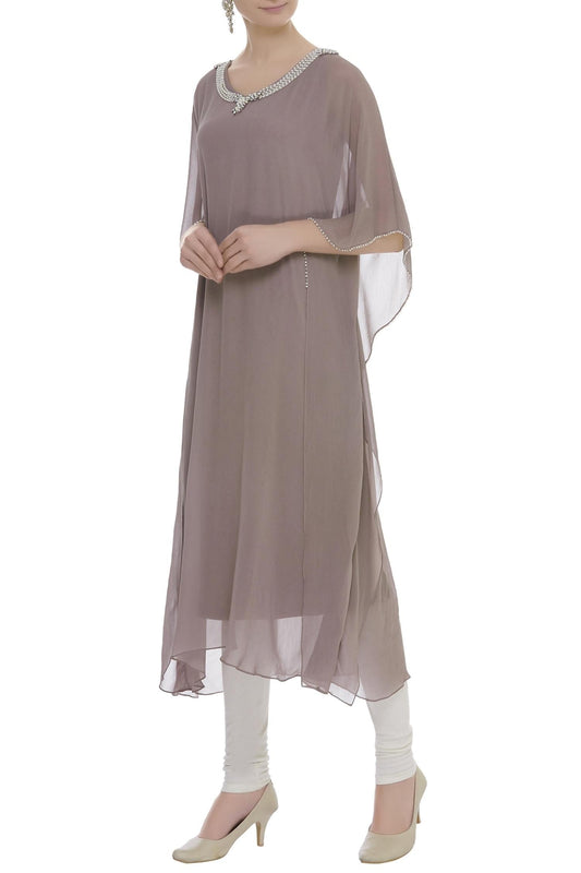 Brown Round Pearl Embellished Solid Kaftan - Designer Kurta Set