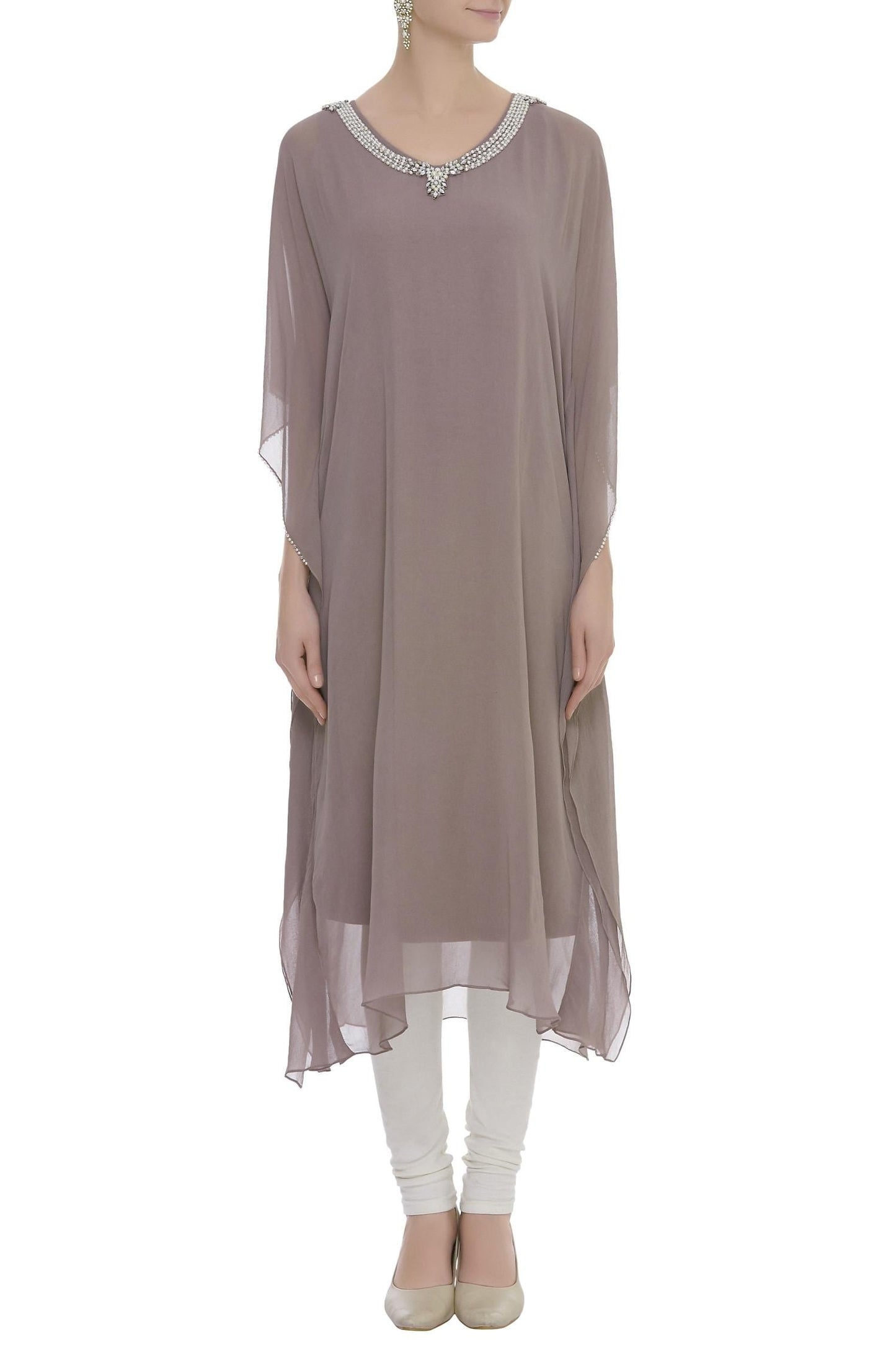 Brown Round Pearl Embellished Solid Kaftan - Designer Kurta Set