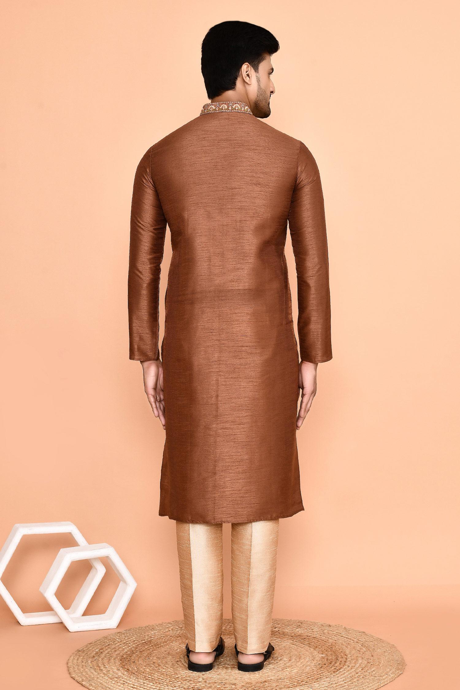 Kurta With Pant Brown Silk Embroidery Mini Flora