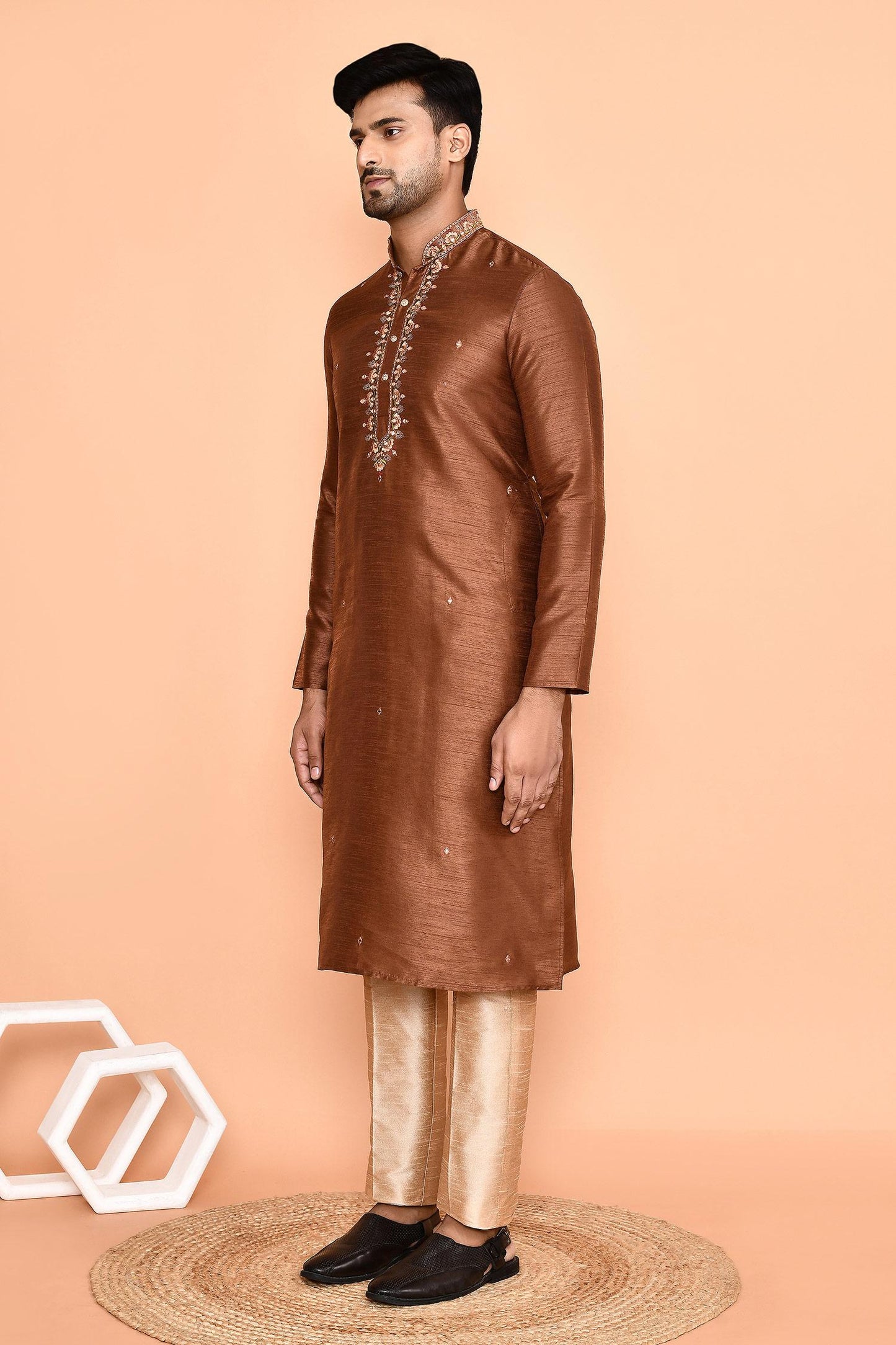 Kurta With Pant Brown Silk Embroidery Mini Flora