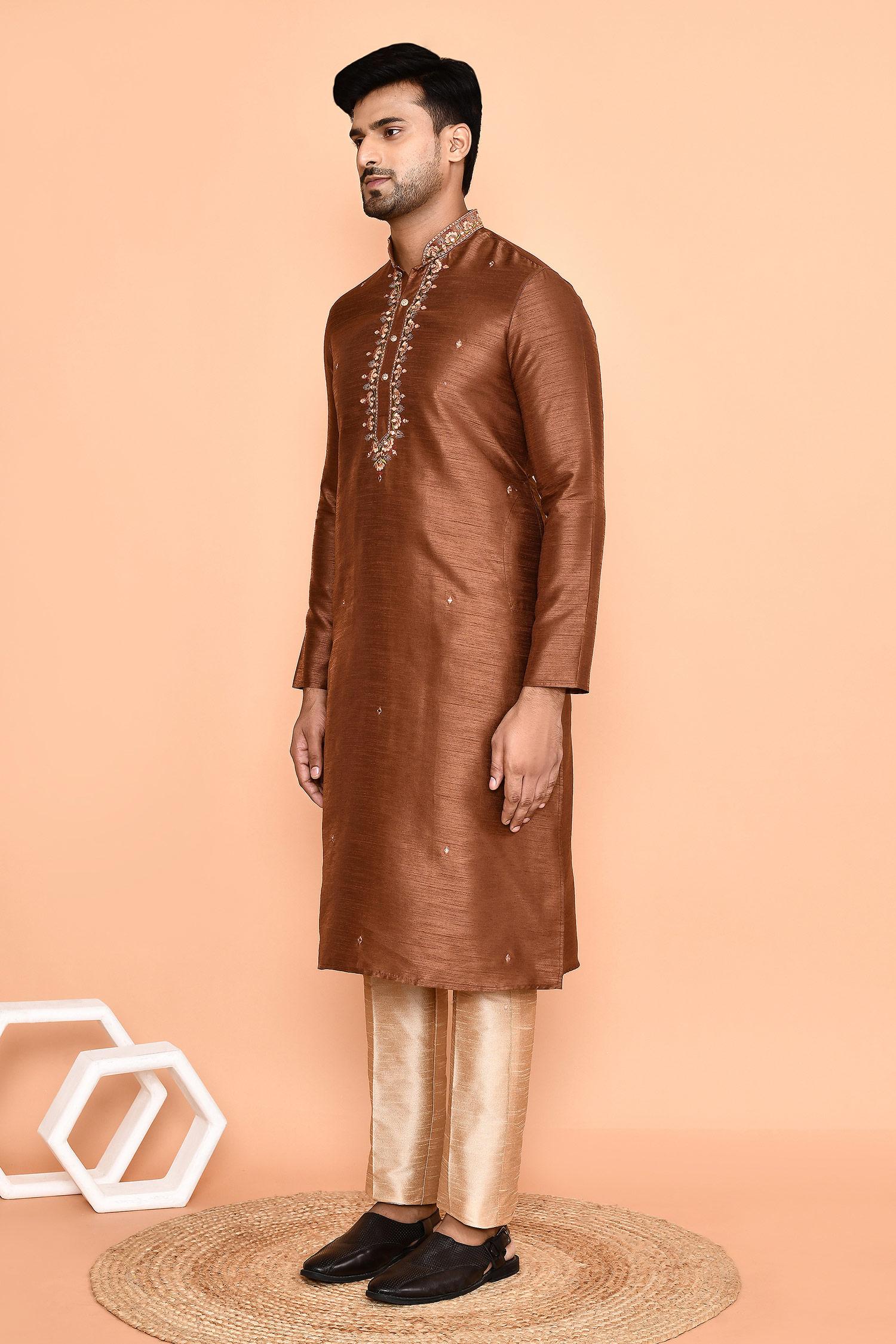 Kurta With Pant Brown Silk Embroidery Mini Flora