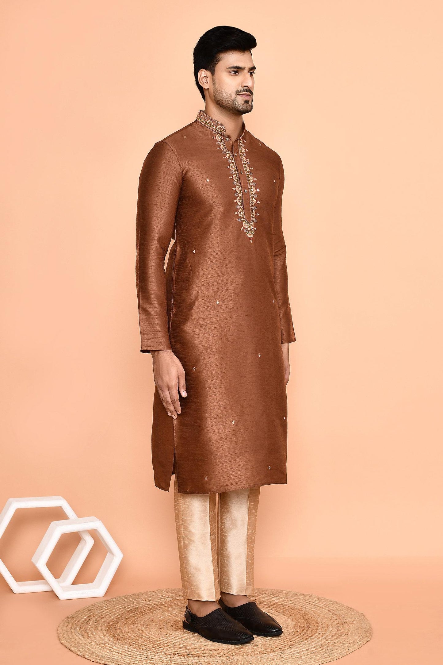Kurta With Pant Brown Silk Embroidery Mini Flora